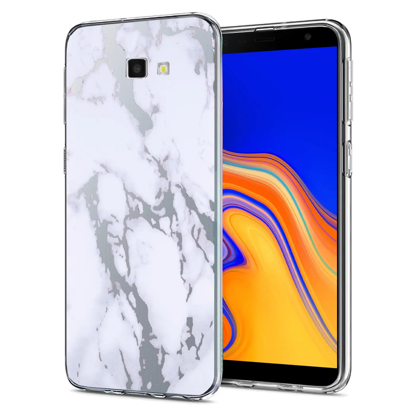 Samsung Galaxy J4 Plus mit Marmor-TPU-Hülle, Vorderansicht.