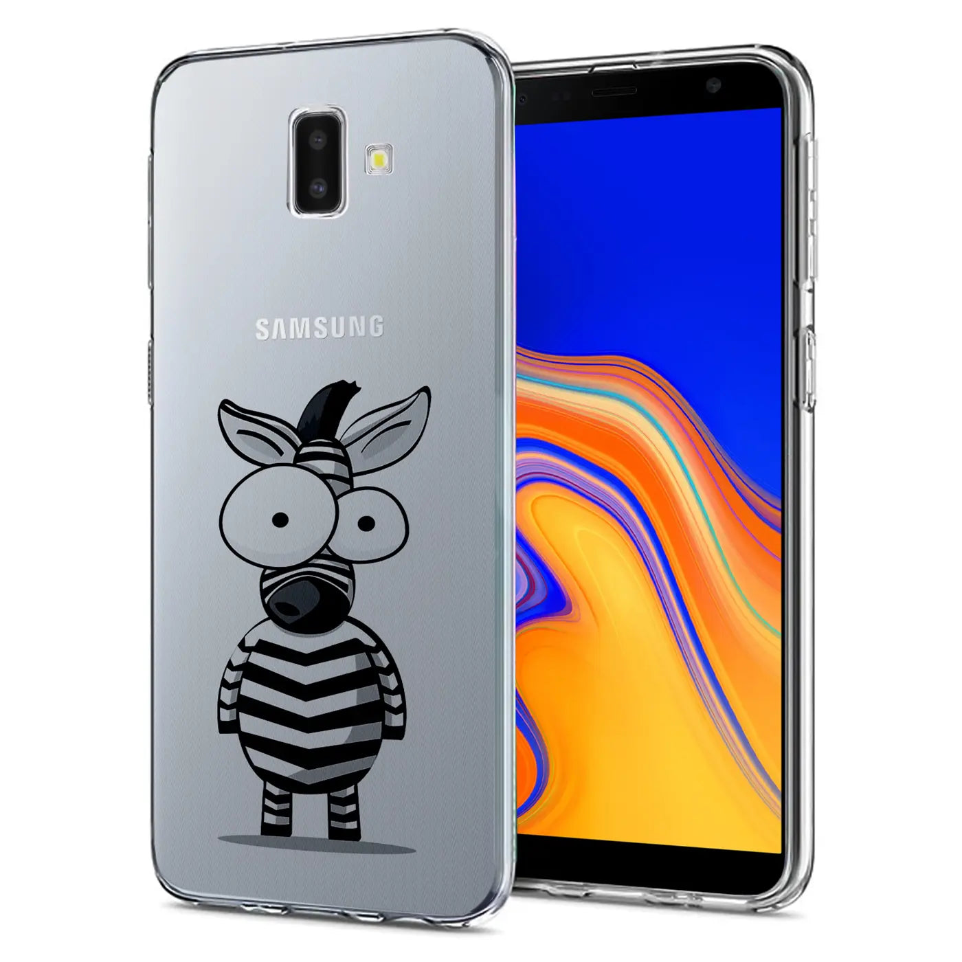 Samsung Galaxy J6 Plus mit transparenter TPU-Hülle, Motivdruck Zebra, von vorne/leicht schräg