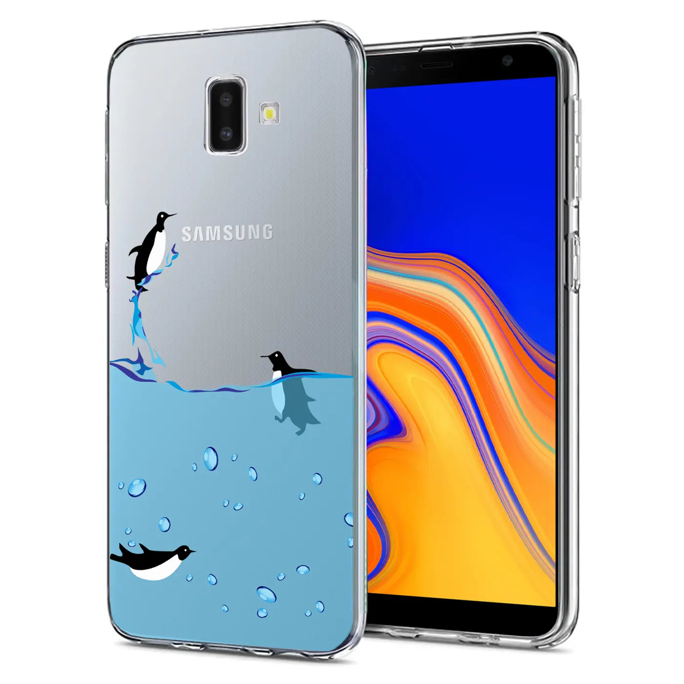 Samsung Galaxy J6 Plus Hülle, transparentes TPU, Pinguin-Motiv, Vorderansicht