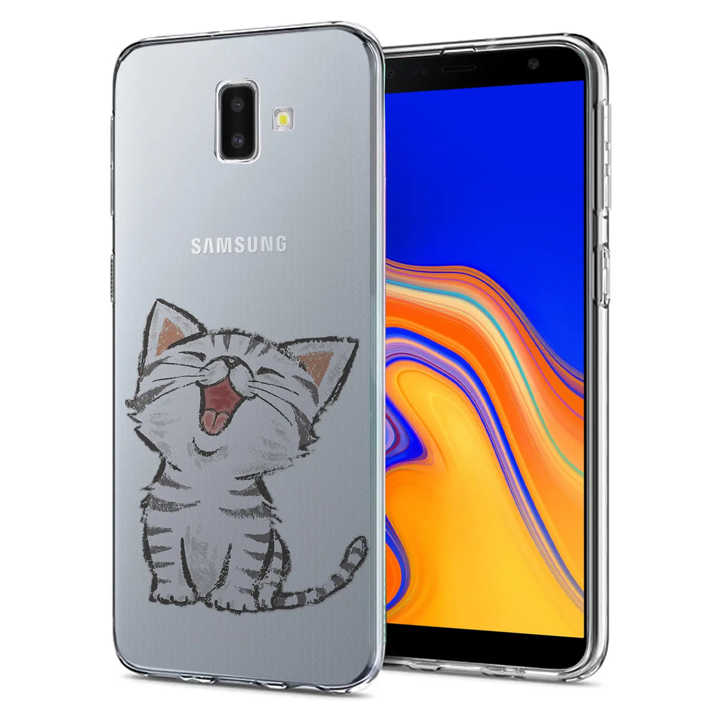 Transparente TPU-Hülle mit Katzenmotiv für Samsung Galaxy J6 Plus, von schräg vorne