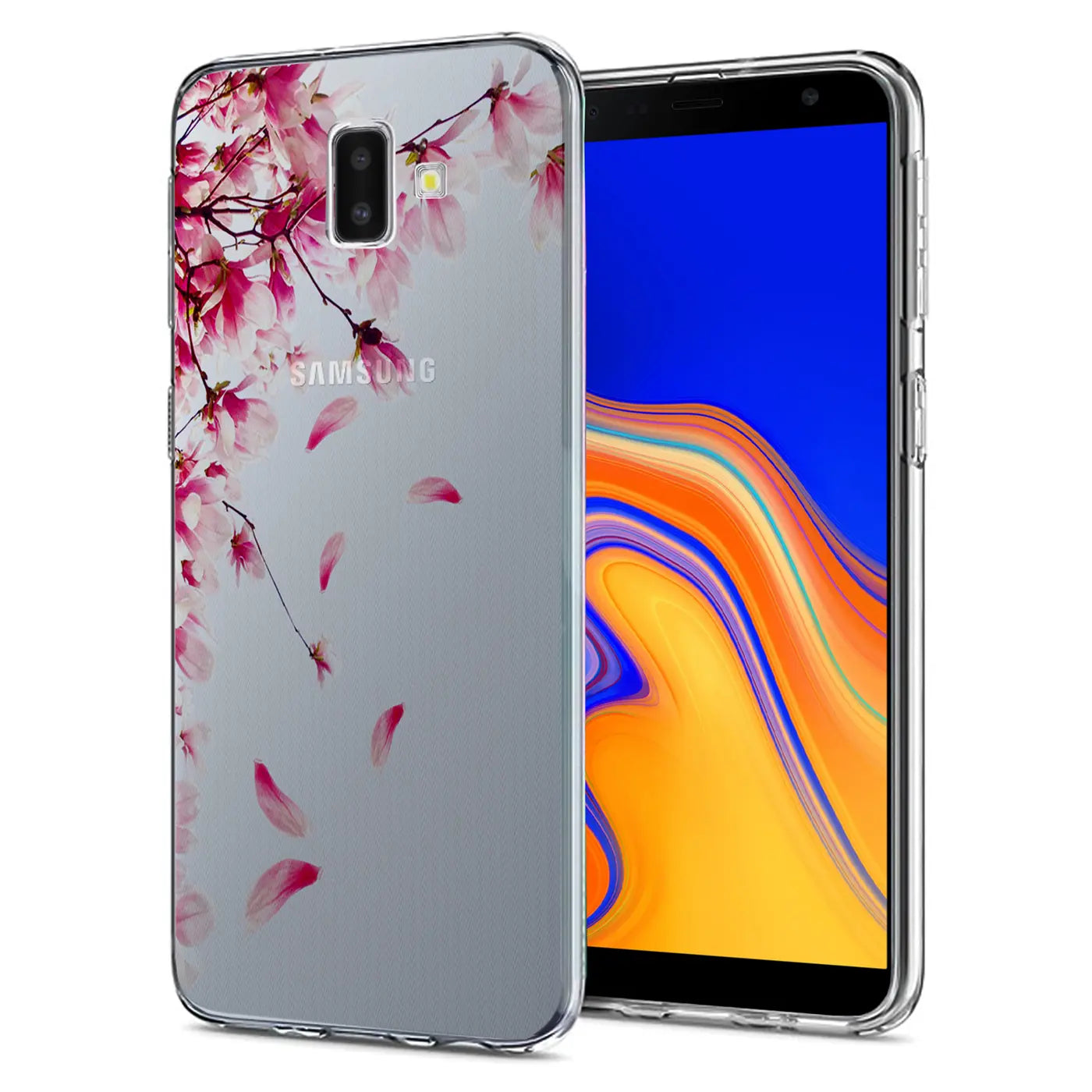 Transparente TPU-Hülle mit rosa Blütenmotiv für Samsung Galaxy J6 Plus, von vorne links gesehen.