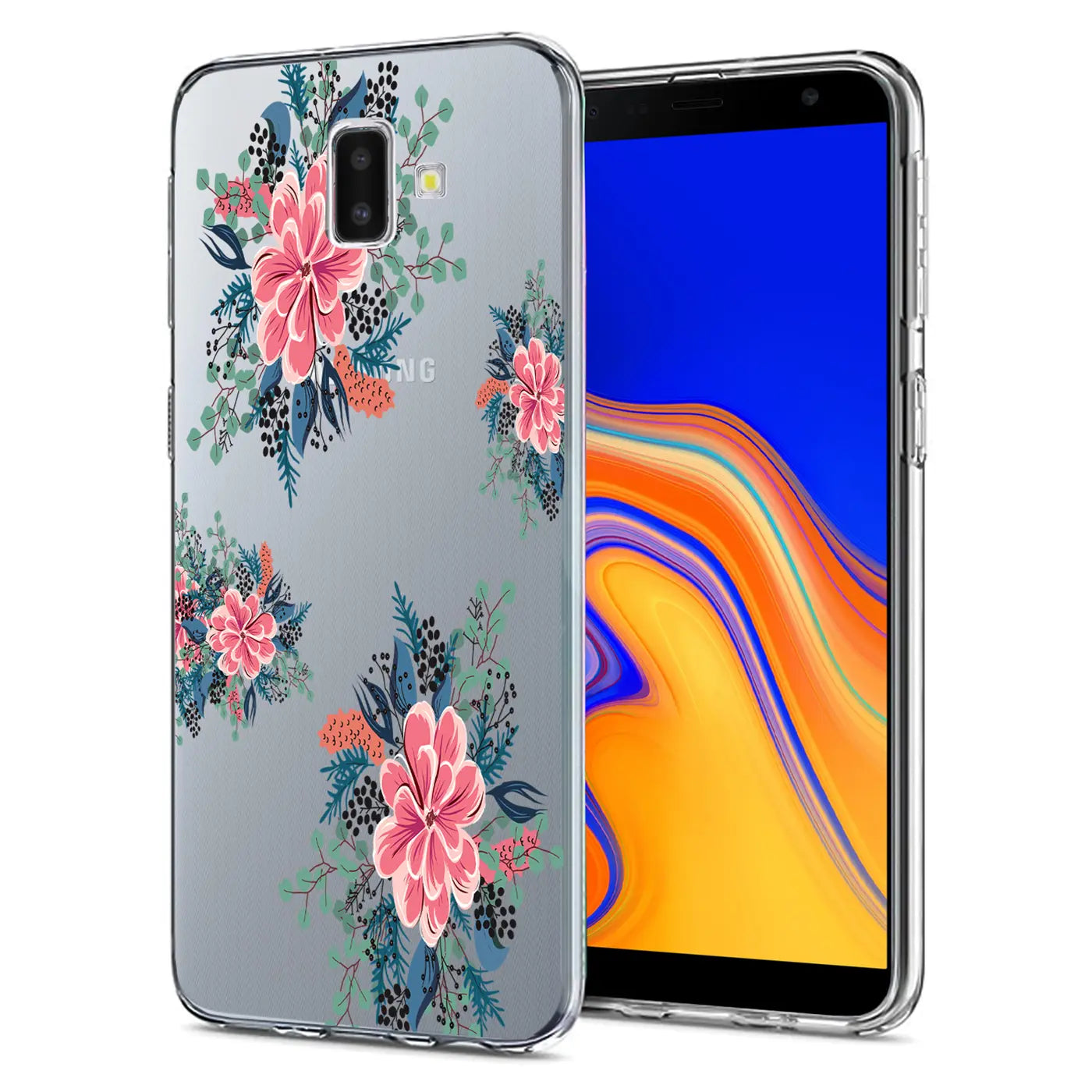 Transparente TPU-Hülle mit Blumenmuster für Samsung Galaxy J6 Plus, von vorne rechts gesehen.