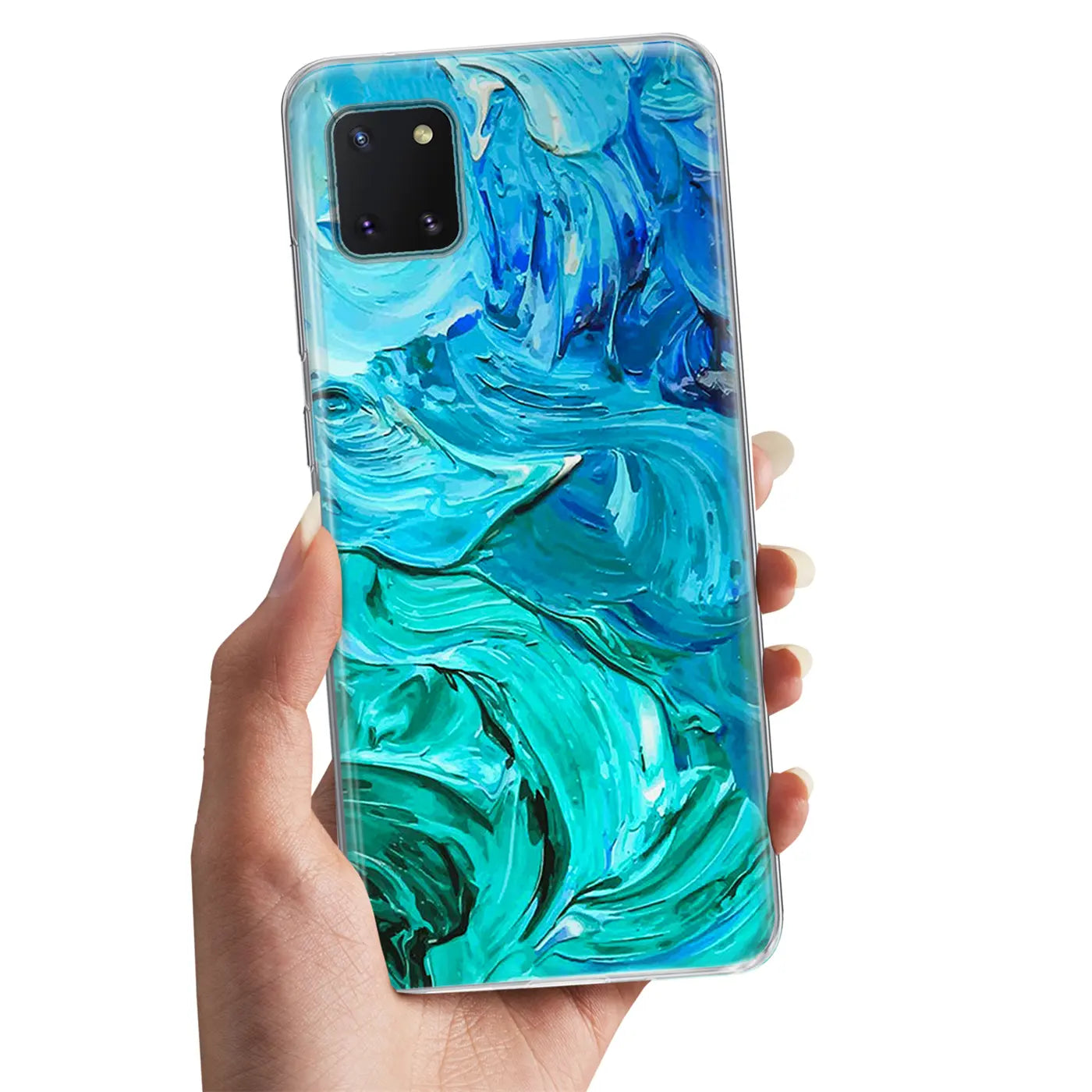Samsung Galaxy J6 Plus Hülle, TPU, blau-grüner Farbverlauf, von vorne gezeigt.