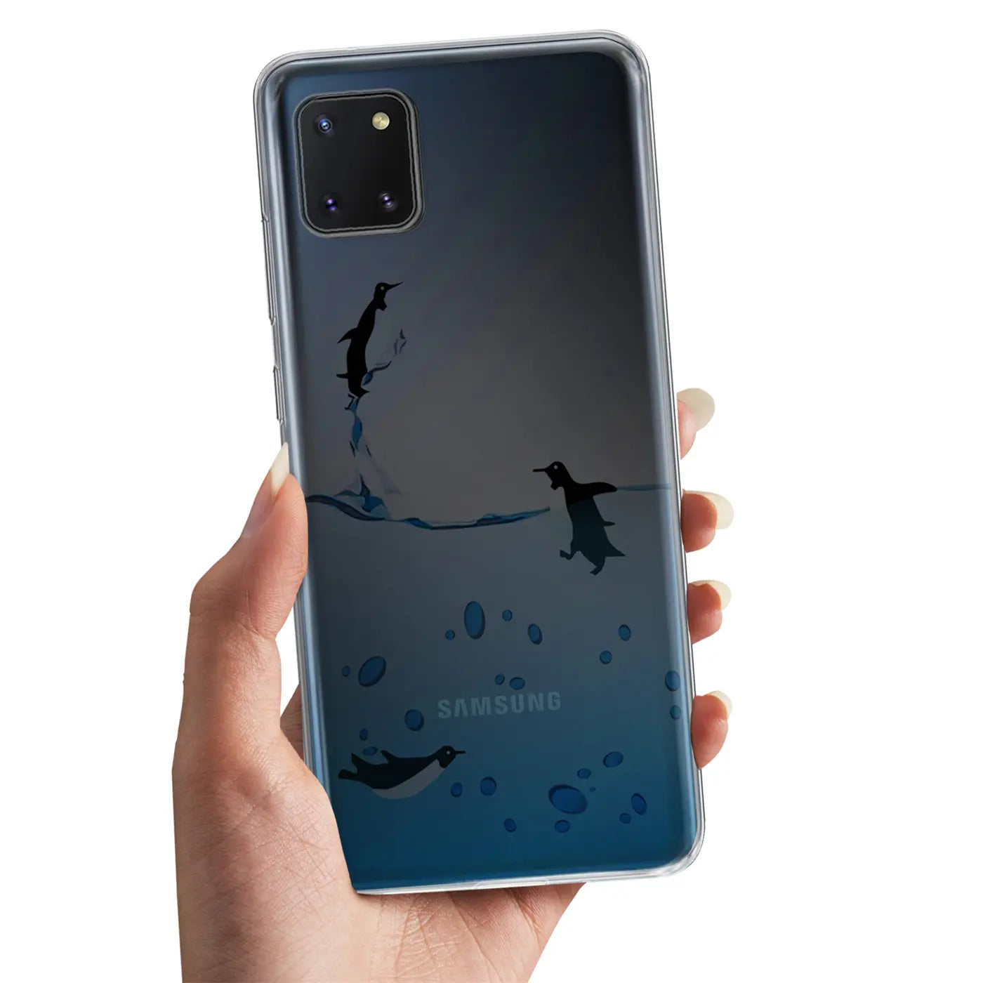 Samsung Galaxy J6 Plus Hülle, transparentes TPU, Pinguin-Motiv, von vorne gehalten