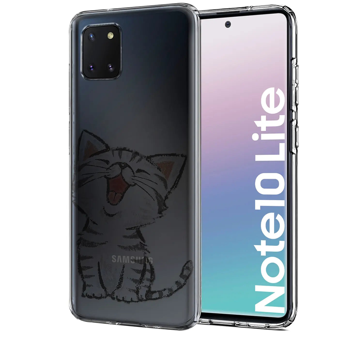 Transparente TPU-Hülle mit Katzenmotiv für Samsung Galaxy Note 10 Lite, von vorne.