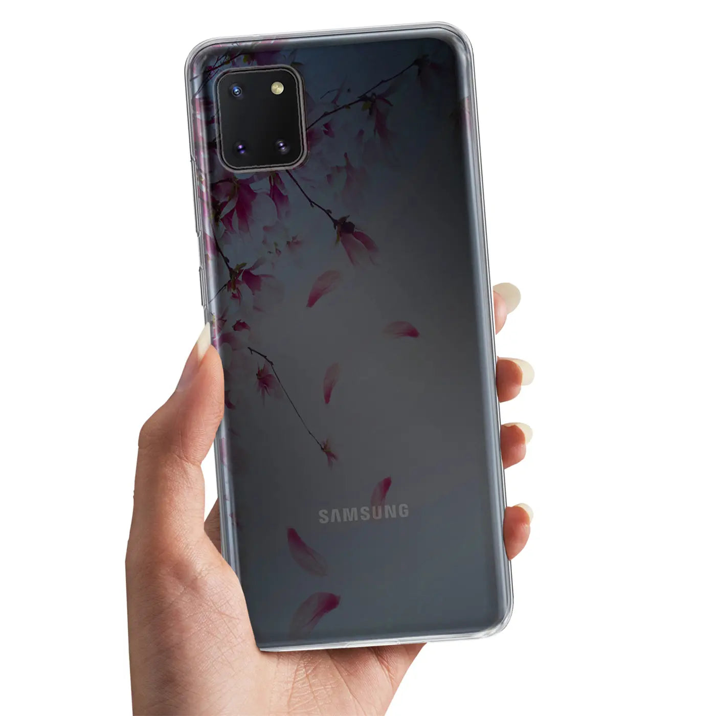 Samsung Galaxy J6 Plus Hülle, transparentes TPU, Blütenmotiv, von vorne gehalten
