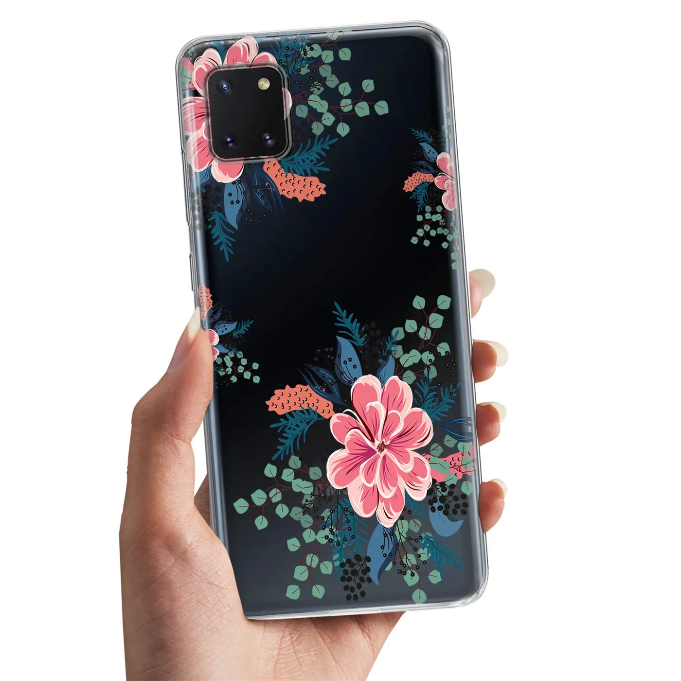 Hand hält Samsung Galaxy J6 Plus mit transparenter TPU-Hülle, Blumenmuster