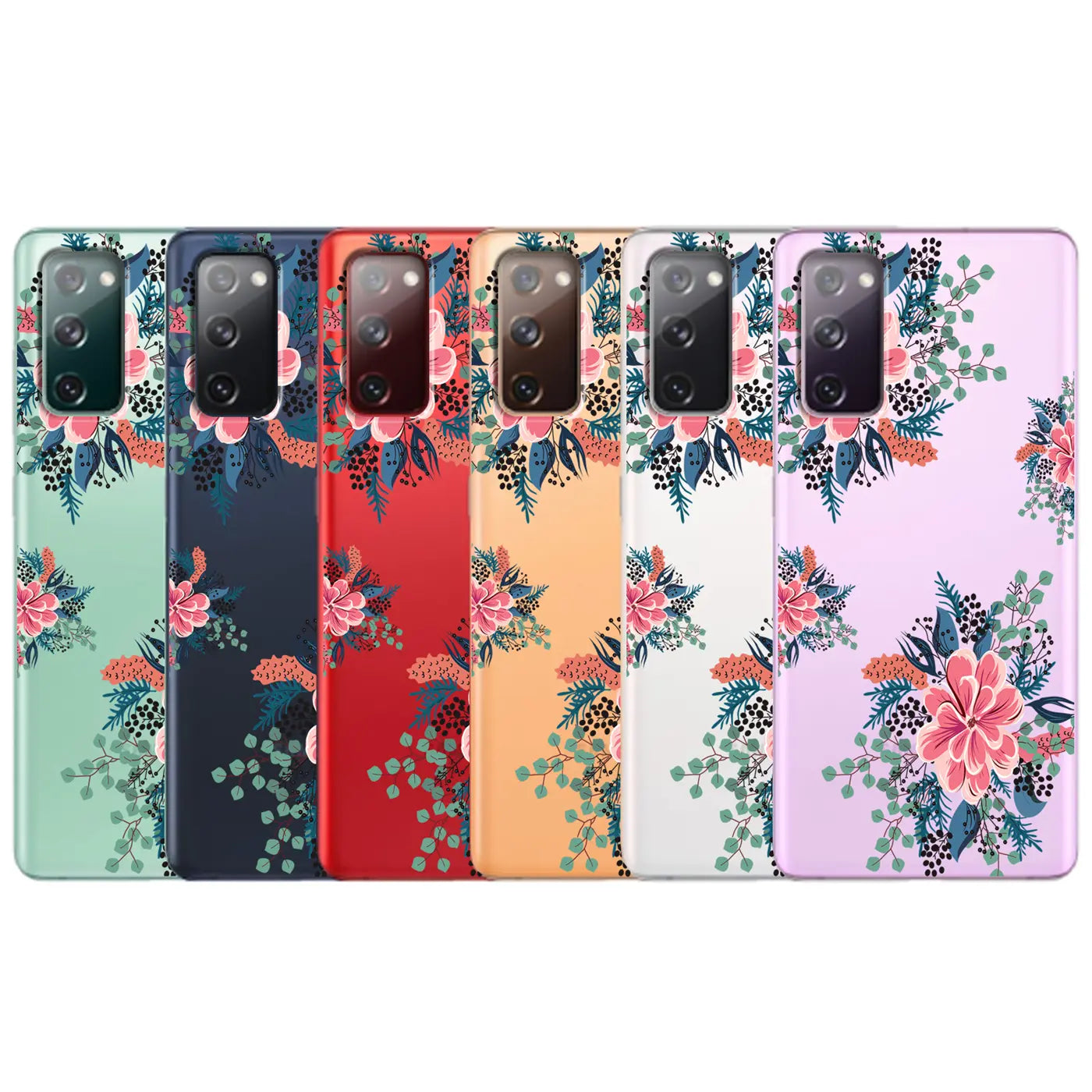 Fünf Samsung Galaxy J6 Plus Hüllen aus TPU mit Blumenmuster in verschiedenen Farben.
