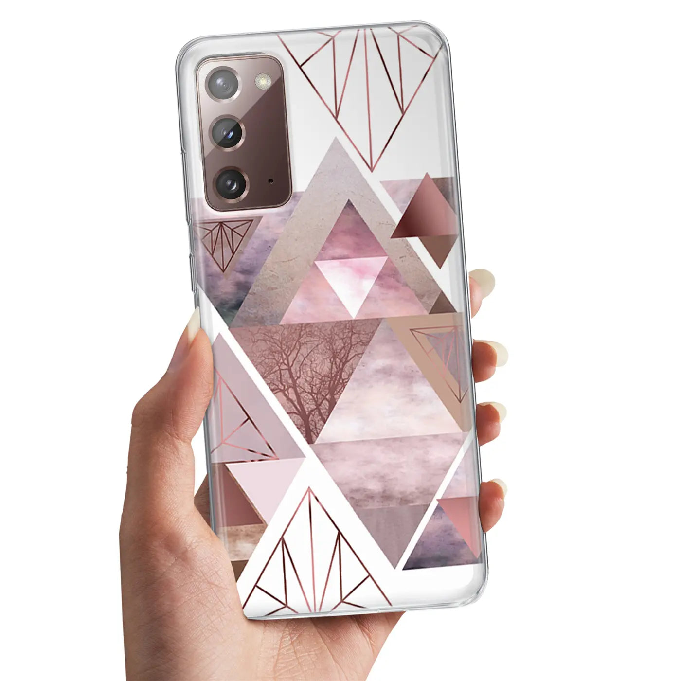 Samsung Galaxy Note 20 Hülle, TPU, rosa geometrisches Muster, von vorne gehalten