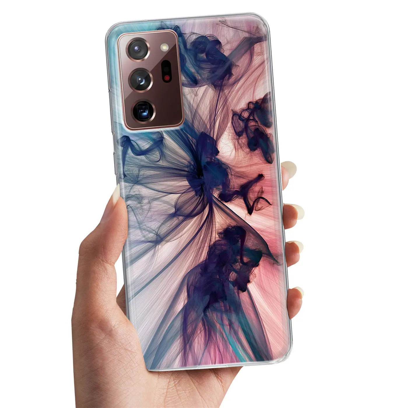 Samsung Galaxy Note 20 Ultra Hülle aus TPU mit blau-pinkem Rauchmuster, von vorne gehalten.