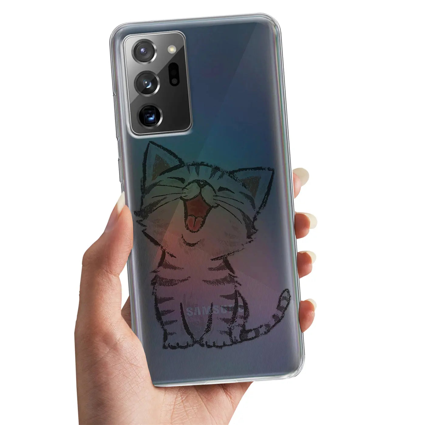 Samsung Galaxy Note 20 Ultra TPU Hülle mit Katzendruck, von vorne gehalten