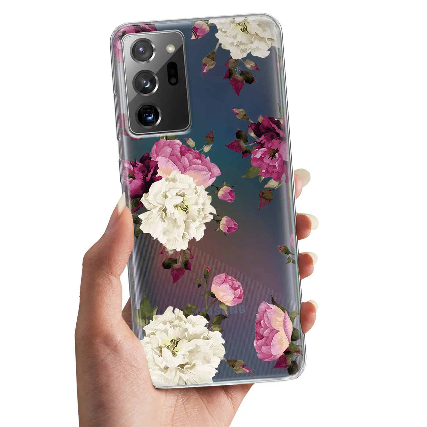 Samsung Galaxy Note 20 Ultra TPU Hülle, transparent, Blumenmuster, von vorne gehalten
