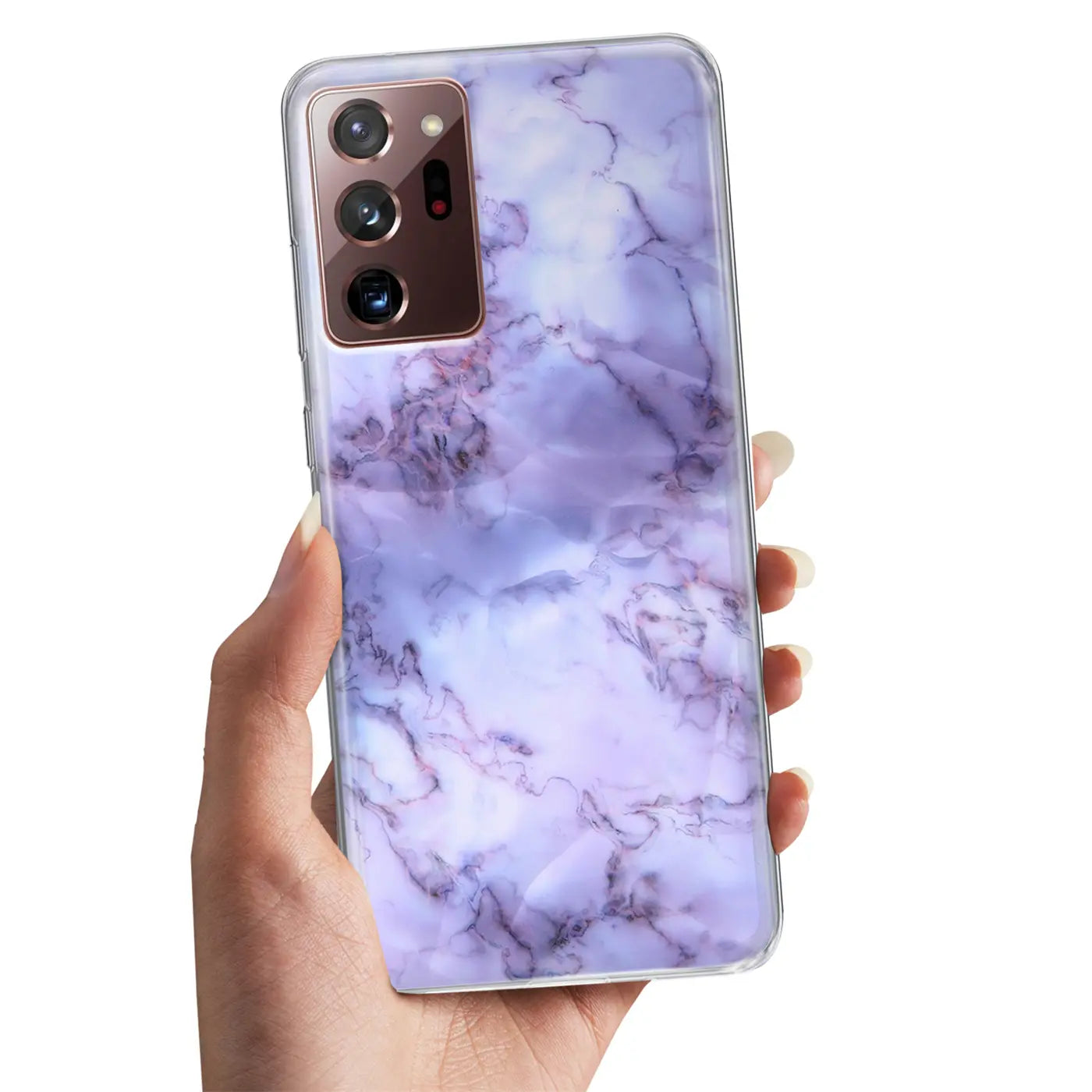 Samsung Galaxy Note 20 Ultra Hülle, lila Marmoroptik, TPU, von vorne gehalten.