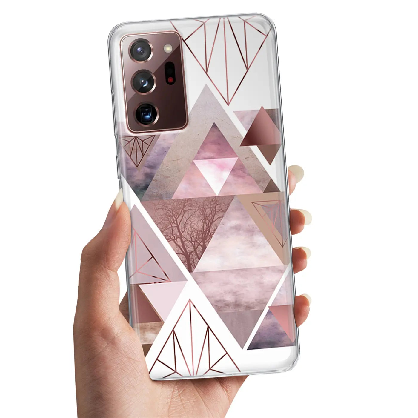 Samsung Galaxy Note 20 Ultra Hülle, TPU, rosa geometrisches Muster, von vorne gehalten
