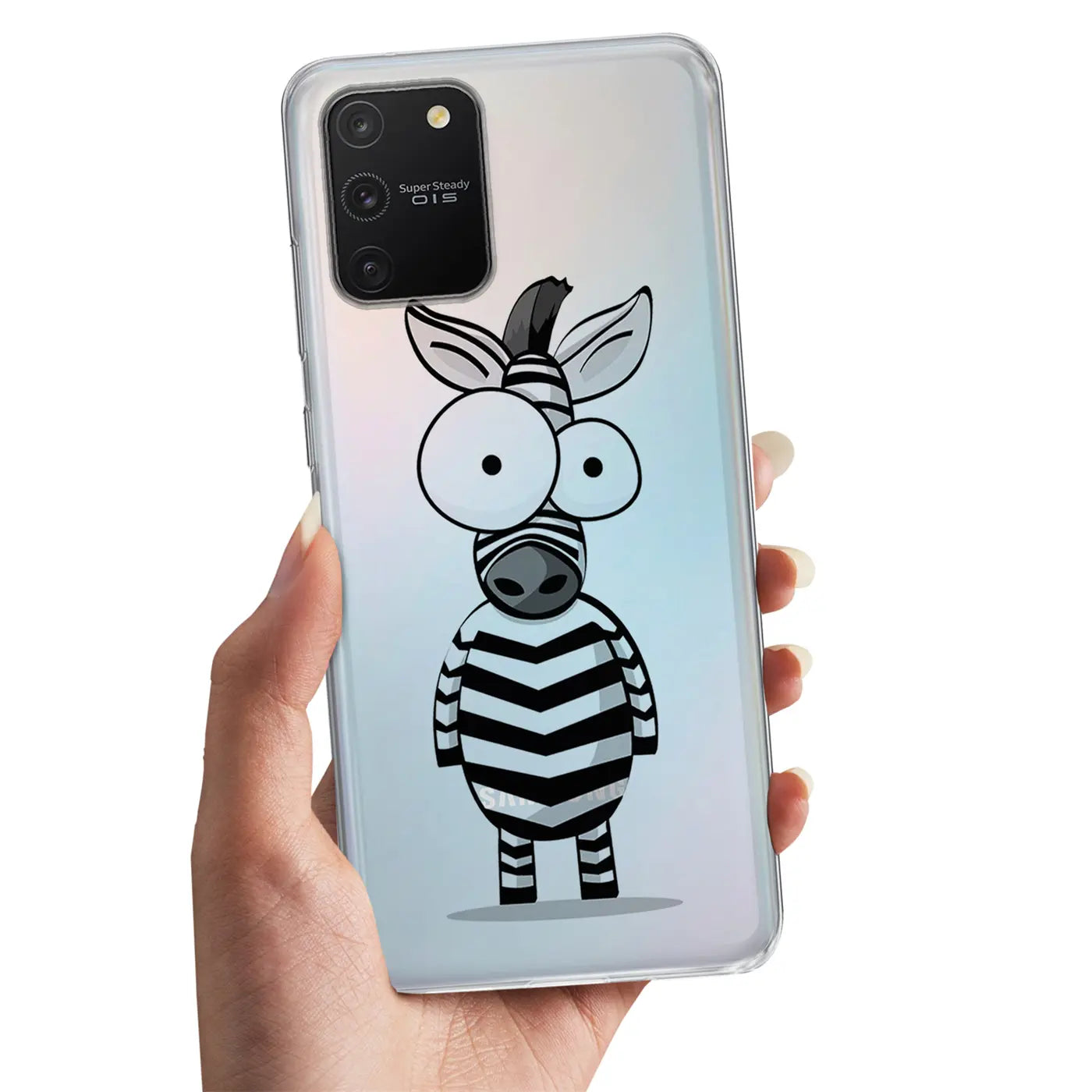 Hand hält transparentes TPU-Case mit Zebra-Motiv für Samsung Galaxy S8 Plus.