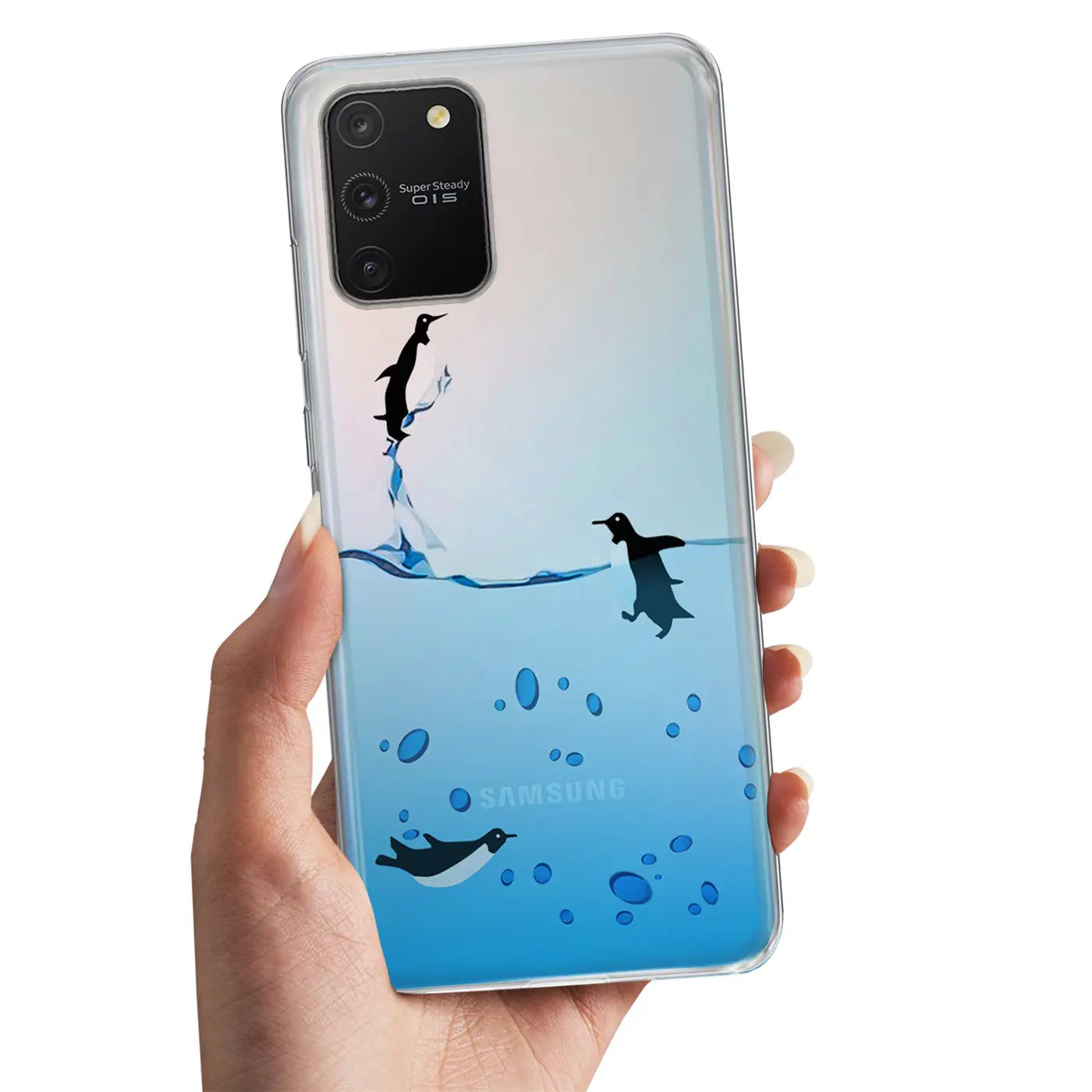 Transparente TPU-Hülle mit Pinguinmotiv auf Samsung Galaxy S8 Plus, von vorne gezeigt.