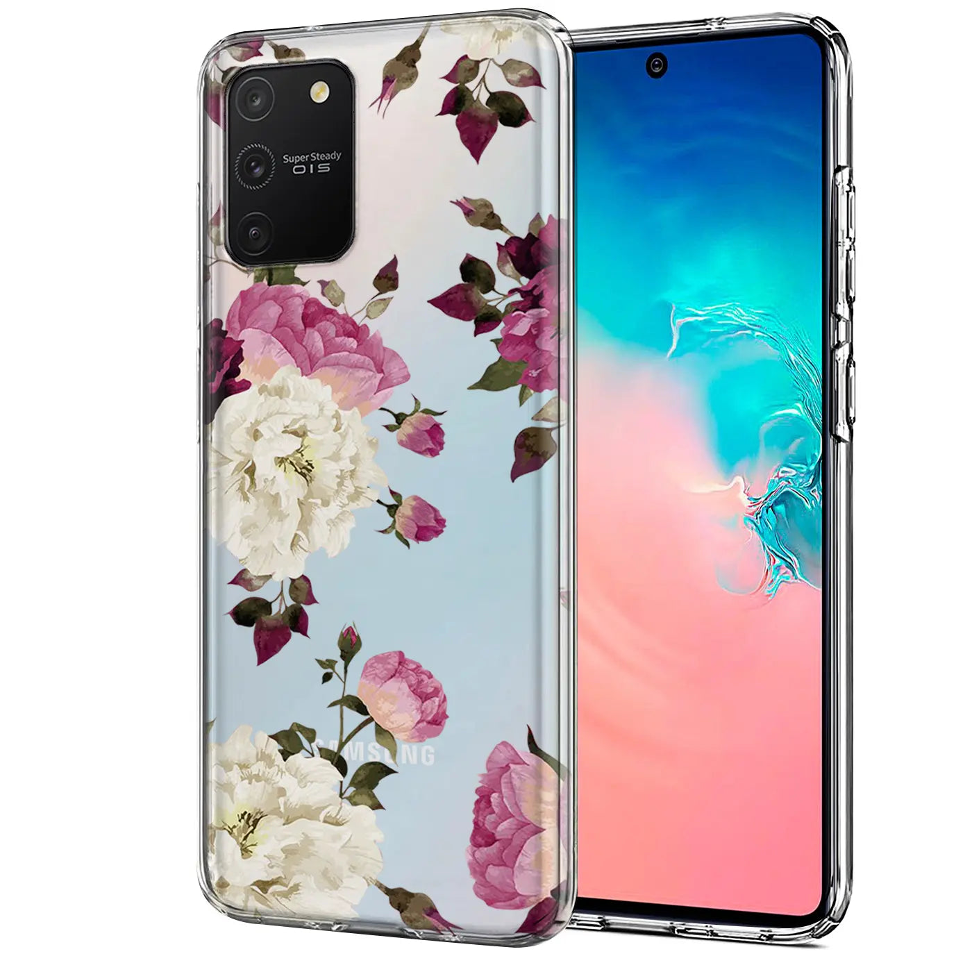 Samsung Galaxy S10 Lite Hülle, transparentes TPU, Blumenmuster, von vorne/leicht seitlich.