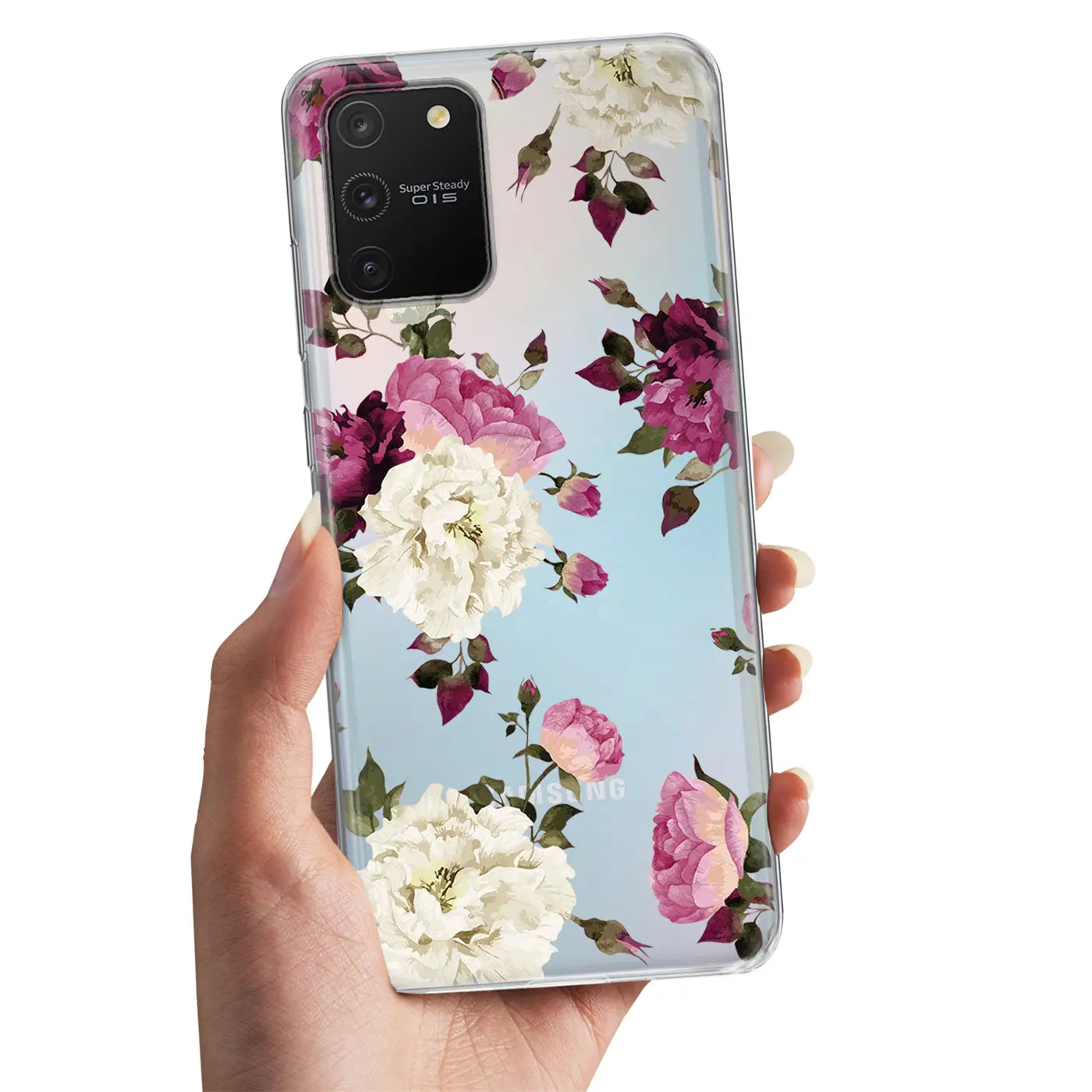 Samsung Galaxy S10 Lite Hülle aus transparentem TPU mit Blumenmuster, von vorne gezeigt.