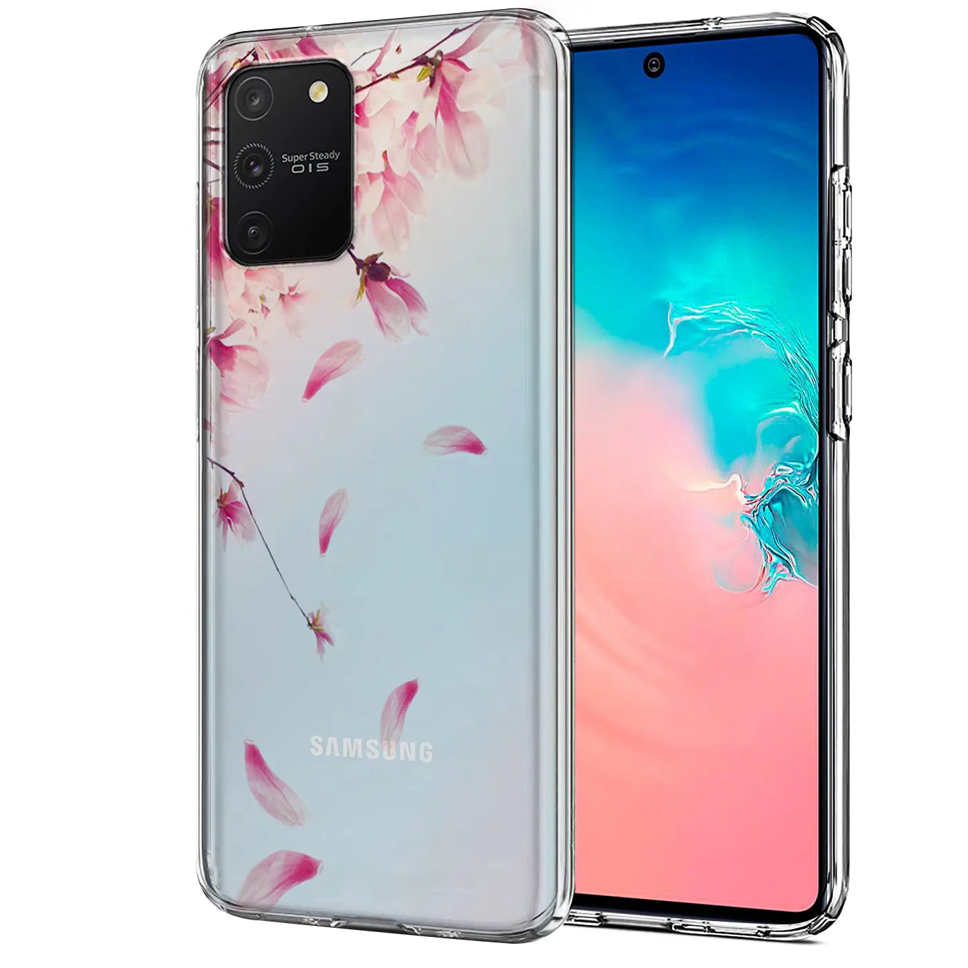 Samsung Galaxy S10 Lite mit transparenter TPU-Hülle, Motiv: Kirschblüten, von vorne und hinten