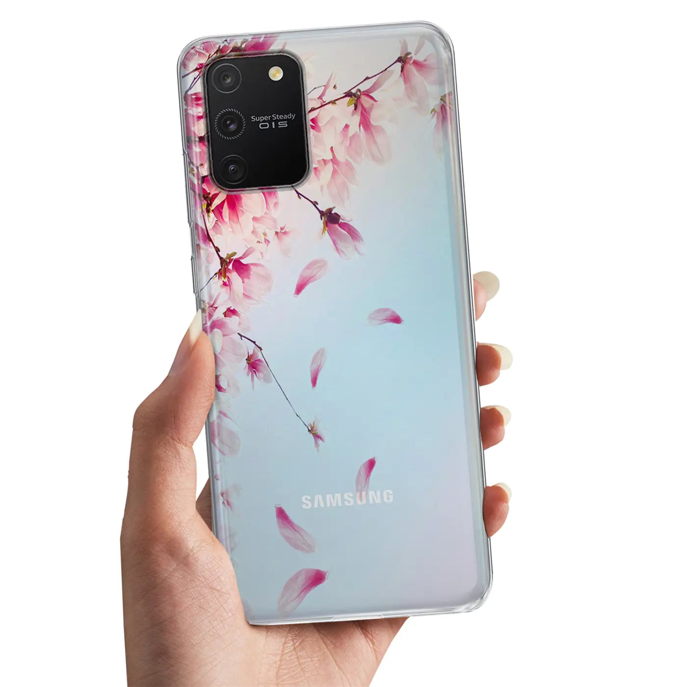 Samsung Galaxy S10 Lite Hülle, transparentes TPU, Blütenmotiv, von Hand gehalten