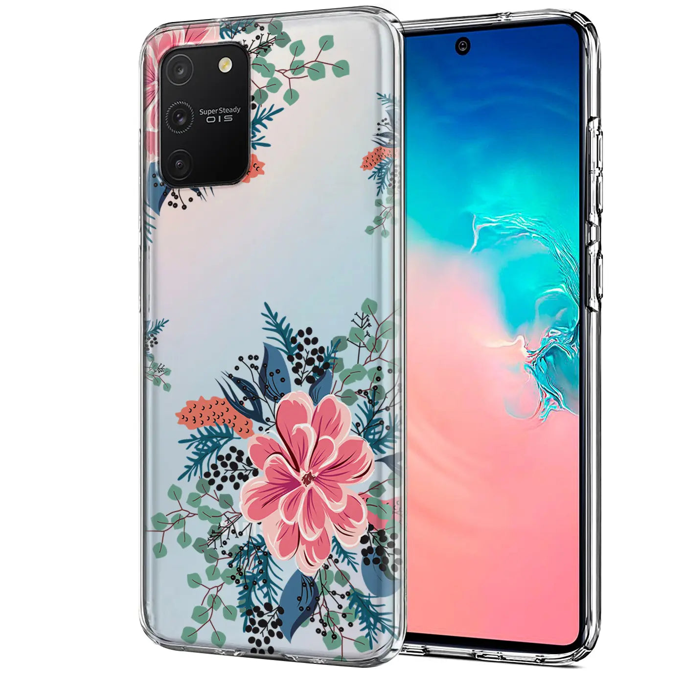 Samsung Galaxy S10 Lite mit floraler TPU-Hülle, Vorder- und Rückansicht.