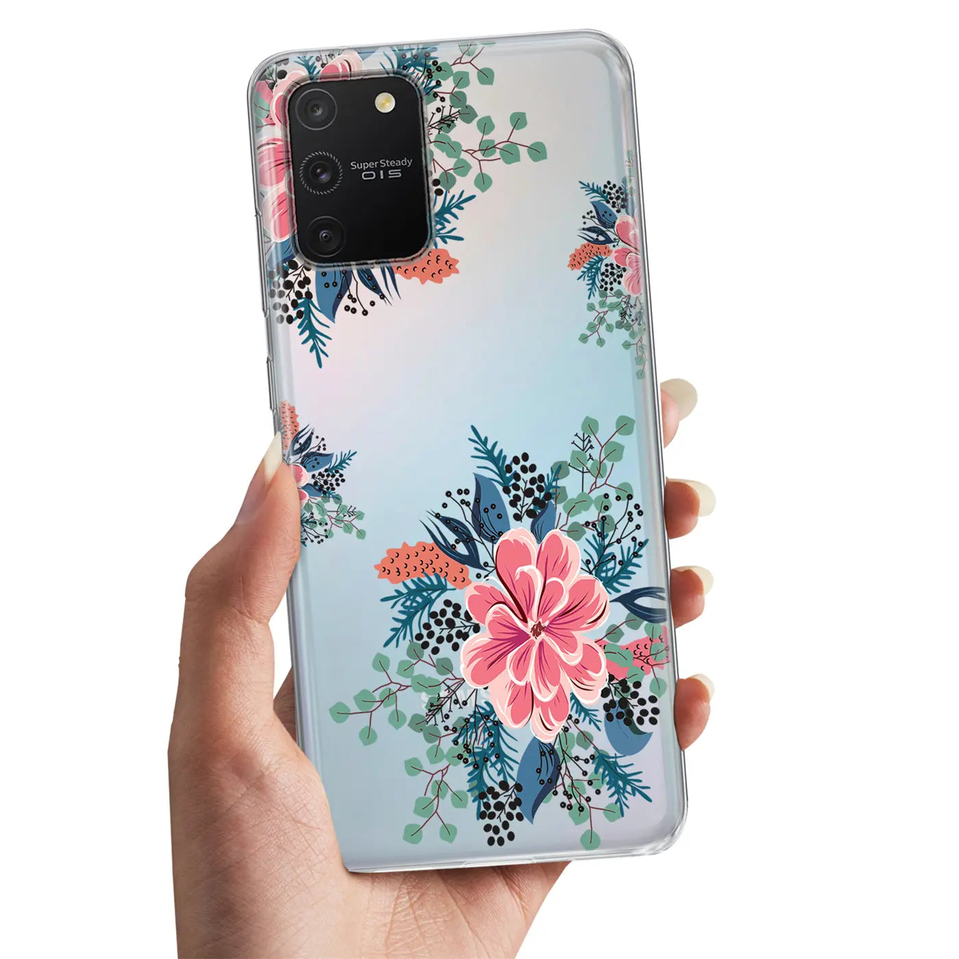 Transparente TPU-Hülle mit Blumenmuster, von vorne gehalten, für Samsung Galaxy S8.