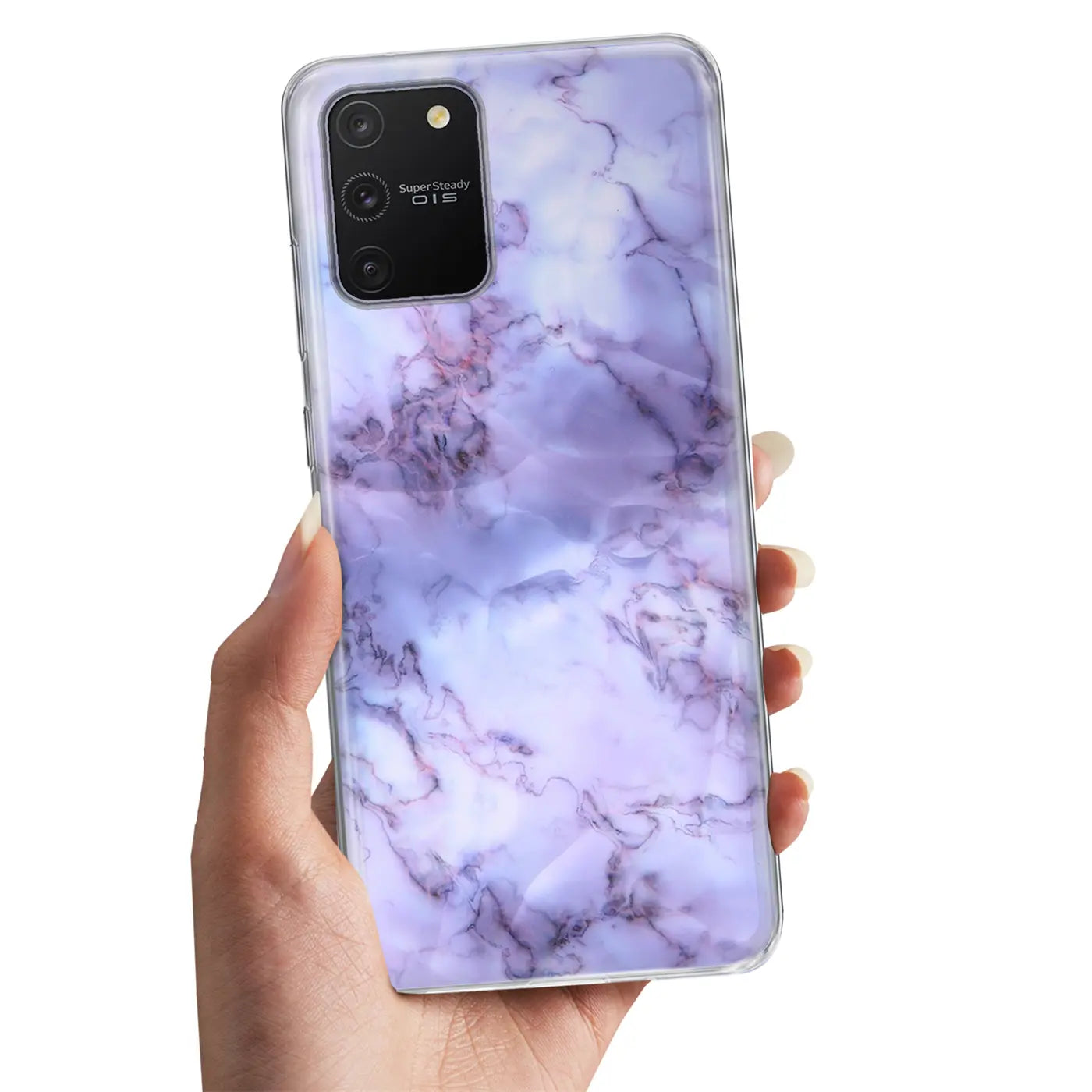 Hand hält lila Marmor-TPU-Hülle für Samsung Galaxy S8, von vorne gesehen.
