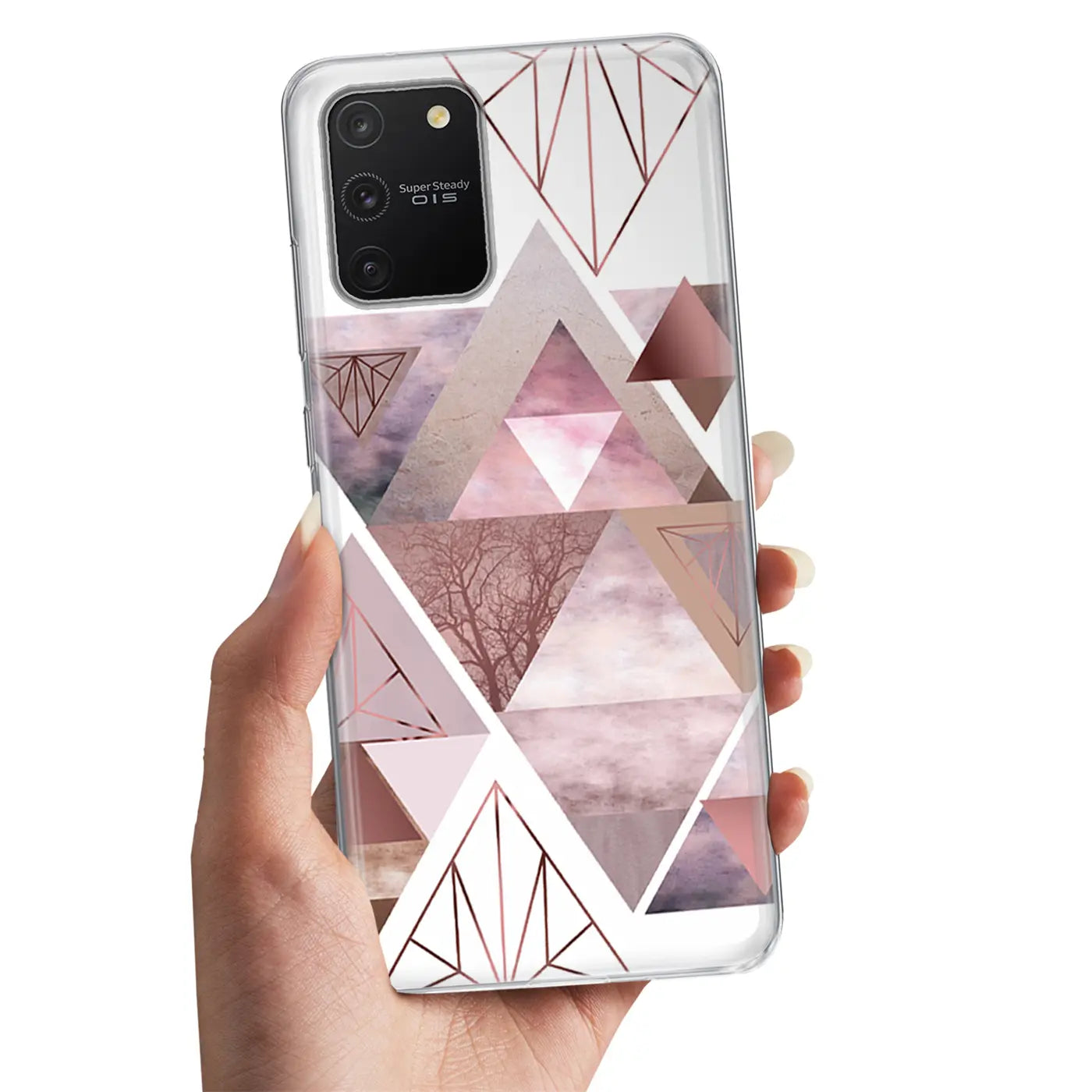 Samsung Galaxy S10 Plus Hülle, TPU, rosa geometrisches Muster, von vorne gehalten