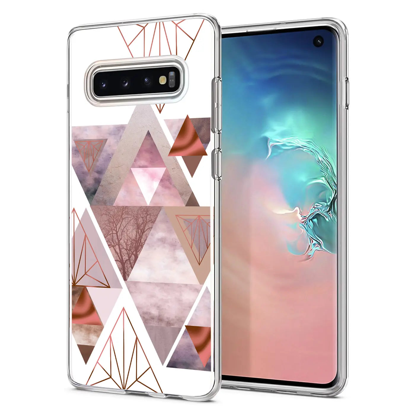 Samsung Galaxy S10 Plus Hülle, TPU, geometrisches Muster, rosa/grau, Vorderansicht