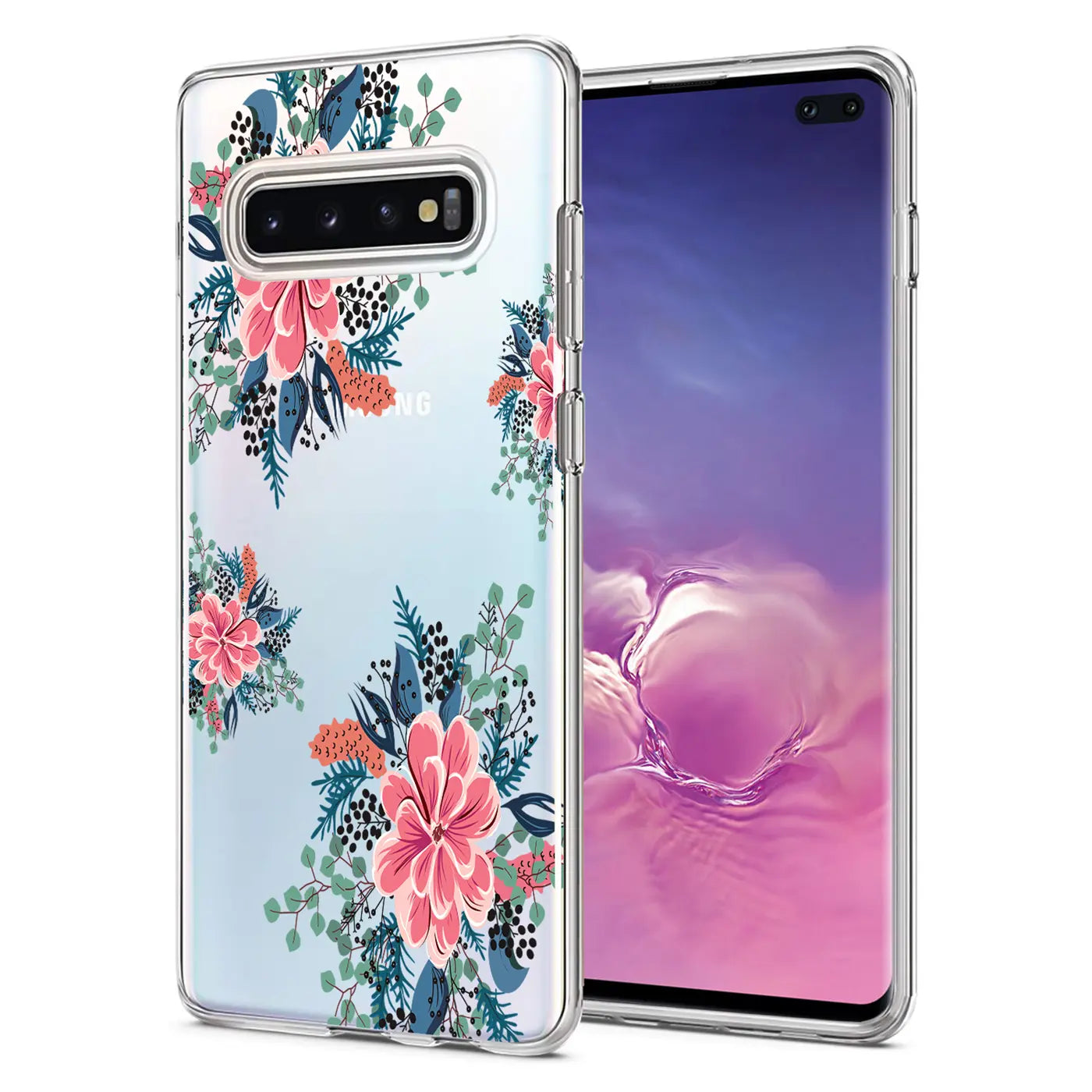 Samsung S10 Plus mit floraler TPU-Hülle, Vorder- und Rückansicht