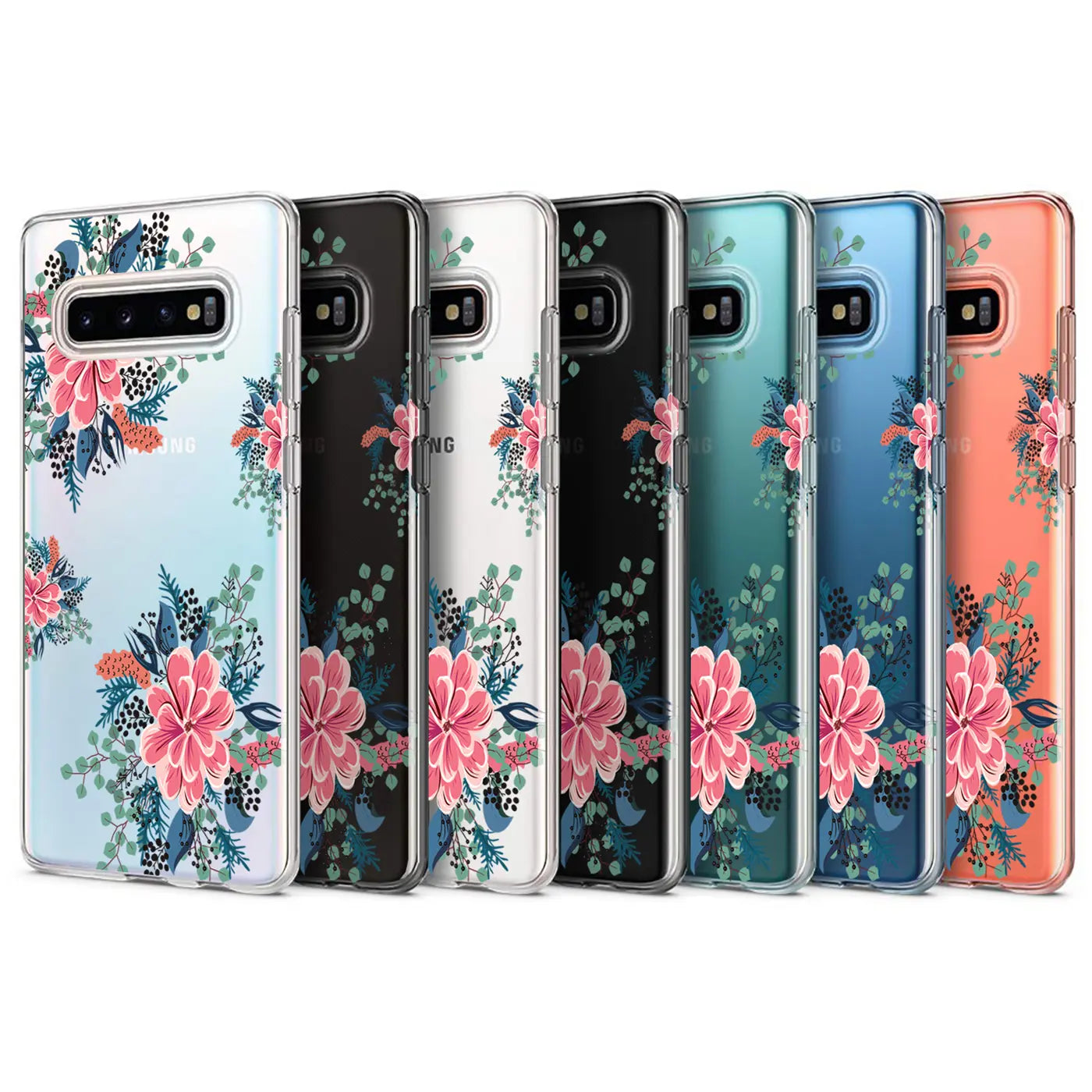 Sechs Samsung Galaxy S10 Plus Hüllen aus TPU mit Blumenmuster, von vorne gesehen.
