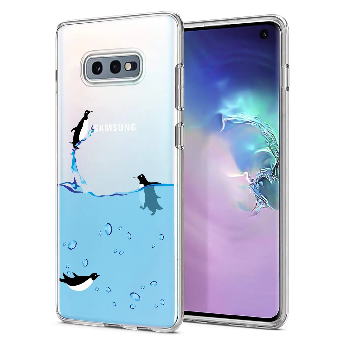Samsung Galaxy S10e Hülle, transparentes TPU, Pinguin-Motiv, Seitenansicht