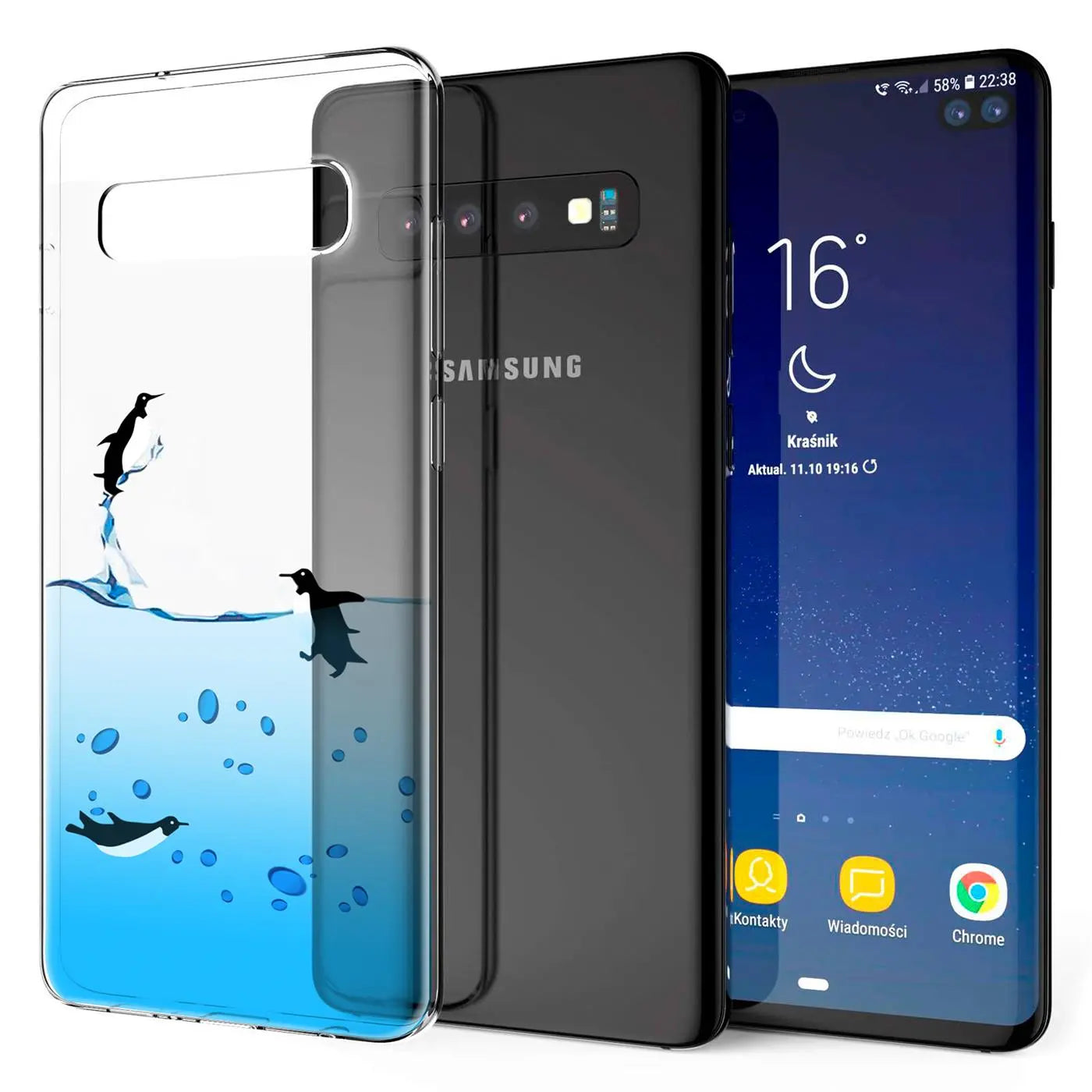 Samsung Galaxy S10e mit transparenter Hülle, Motiv Pinguine im Wasser, von vorne