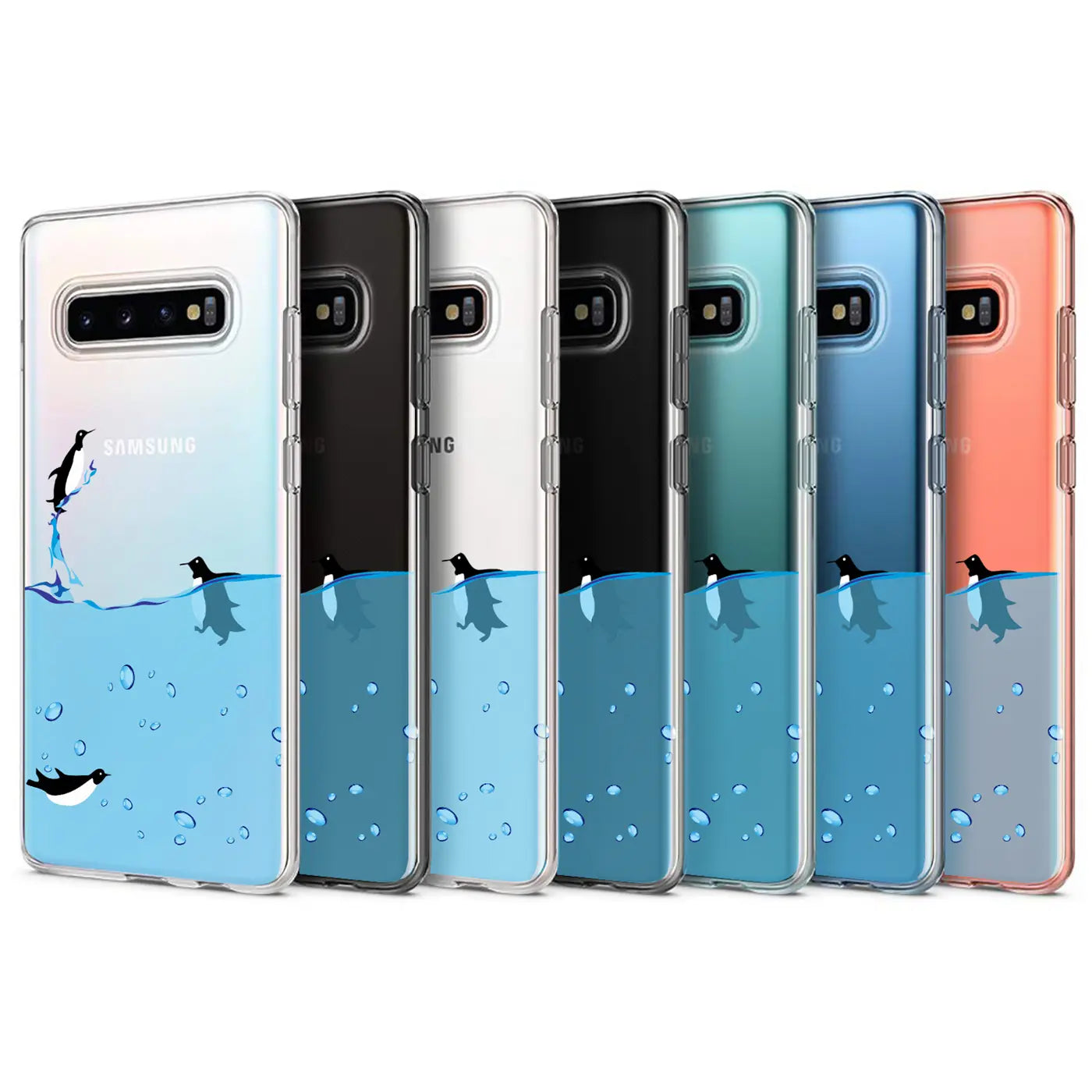 Samsung Galaxy S10e Hüllen in verschiedenen Farben, TPU, mit Pinguinmotiv, von vorne gesehen.