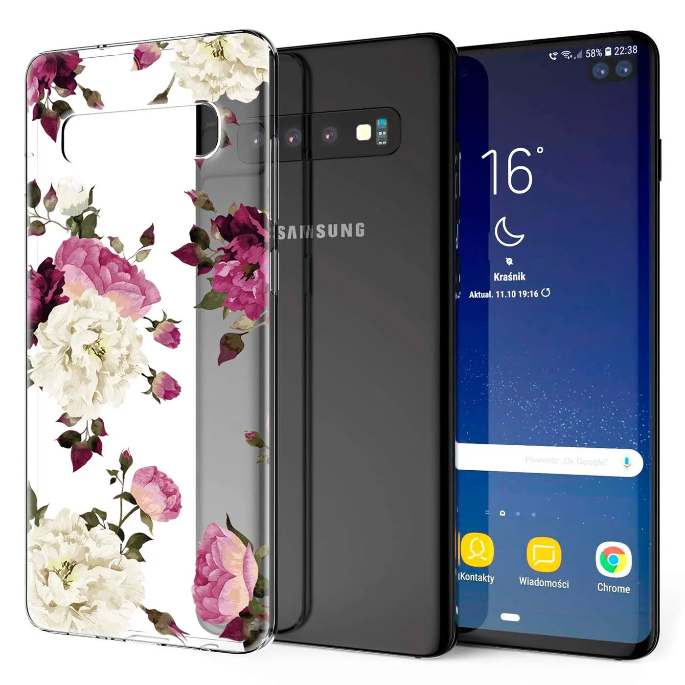 Transparente TPU-Hülle mit Blumenmuster, neben einem schwarzen Samsung Galaxy S10e.