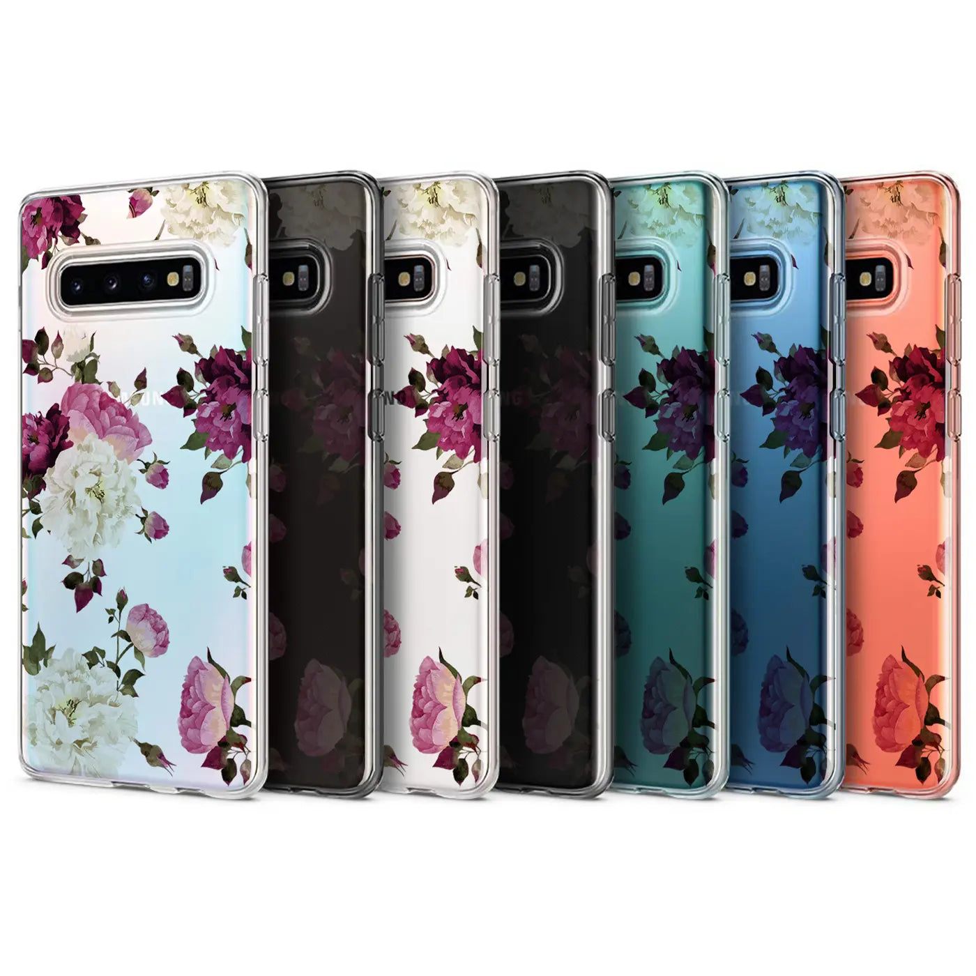 Sechs Samsung Galaxy S10e Hüllen aus TPU mit Blumenmuster in verschiedenen Farben.