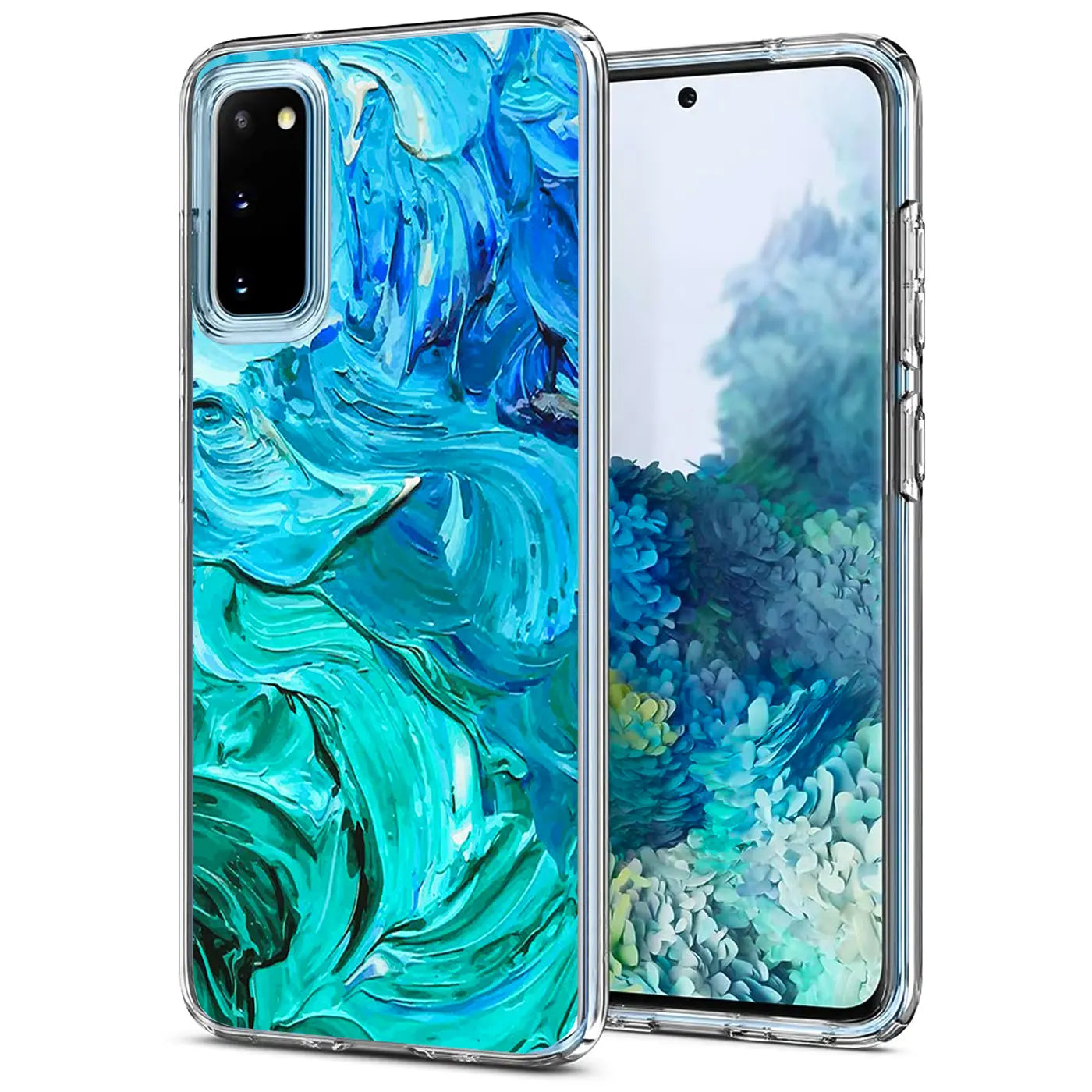 TPU Hülle mit blau-grünem Farbauftrag auf Samsung Galaxy S20, von vorne