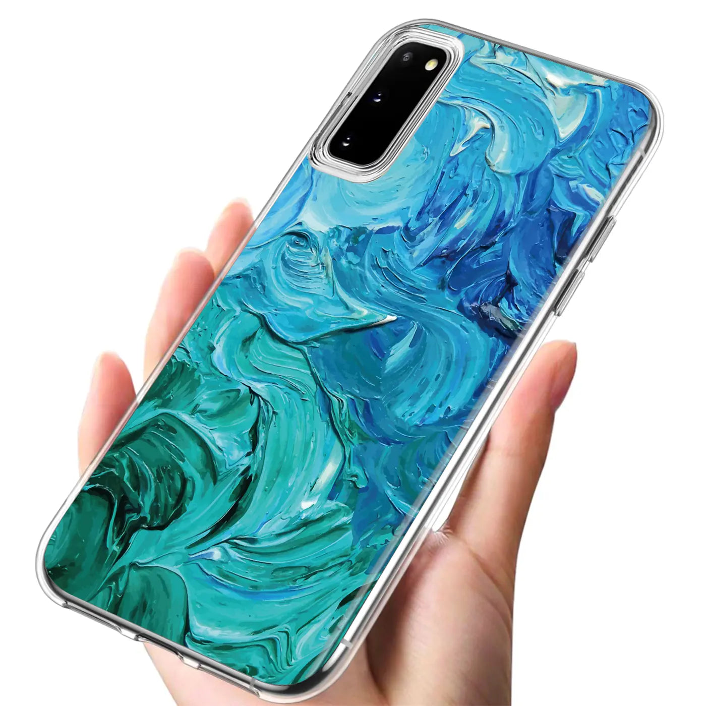TPU Hülle mit blau-grünem Farbauftrag-Motiv, von schräg oben auf einem Samsung Galaxy S20.