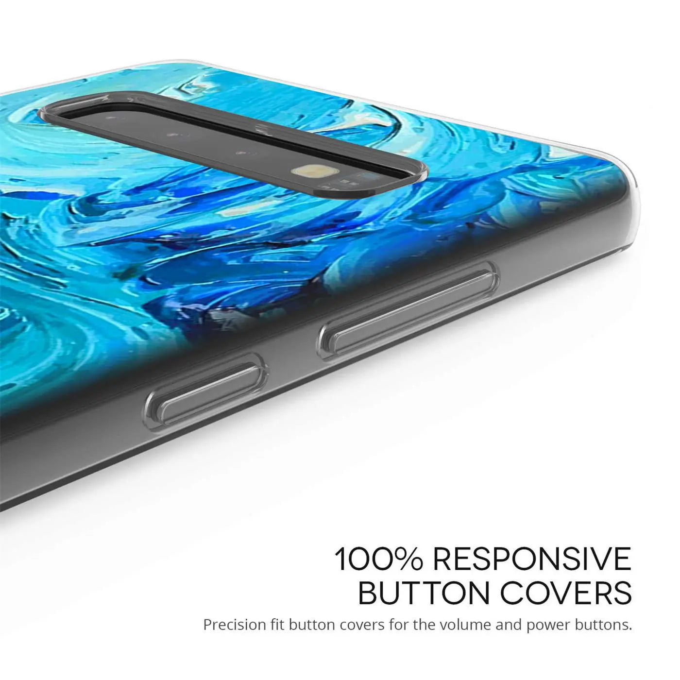 Samsung S20 TPU Hülle, blau-weißer Farbauftrag, Seitenansicht.