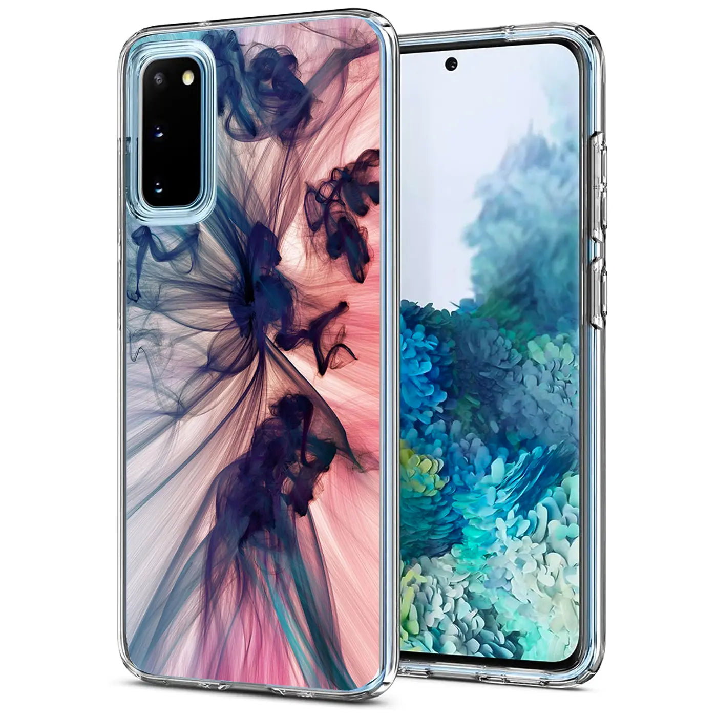Samsung S20 TPU Hülle mit blau-pinkem Rauchmotiv, von vorne schräg fotografiert.