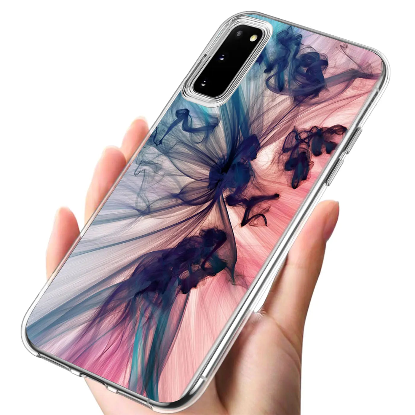 Samsung Galaxy S20 Hülle aus TPU mit blau-pinkem Rauchmotiv, von vorne leicht schräg gehalten.