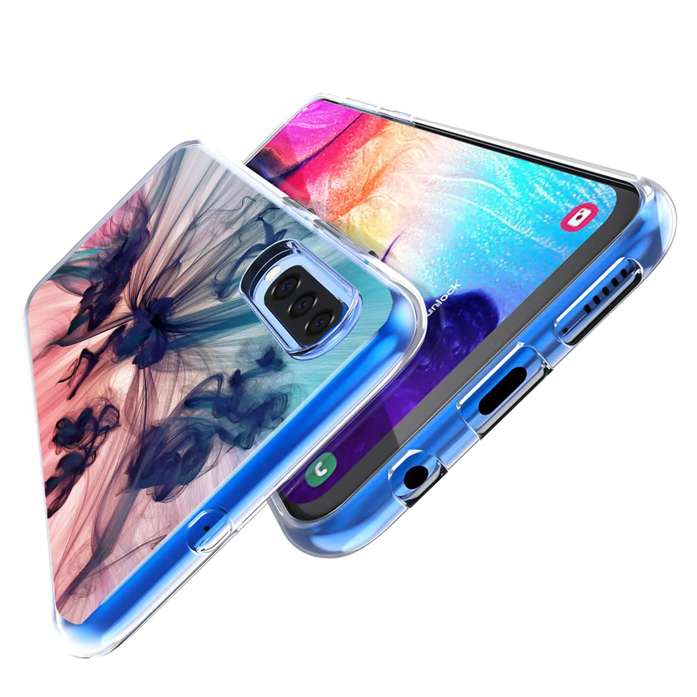 Samsung Galaxy S20 TPU Hülle, blau, mit Rauch-Motivdruck, von schräg oben