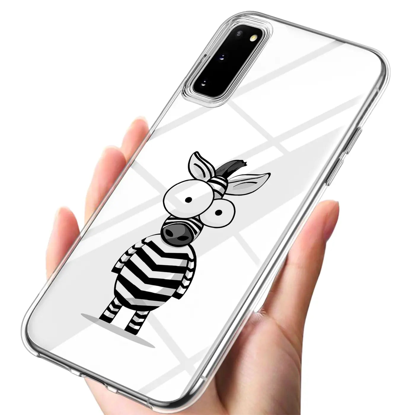 Transparente TPU-Hülle mit Zebradesign für Samsung Galaxy S20, von vorne gezeigt.