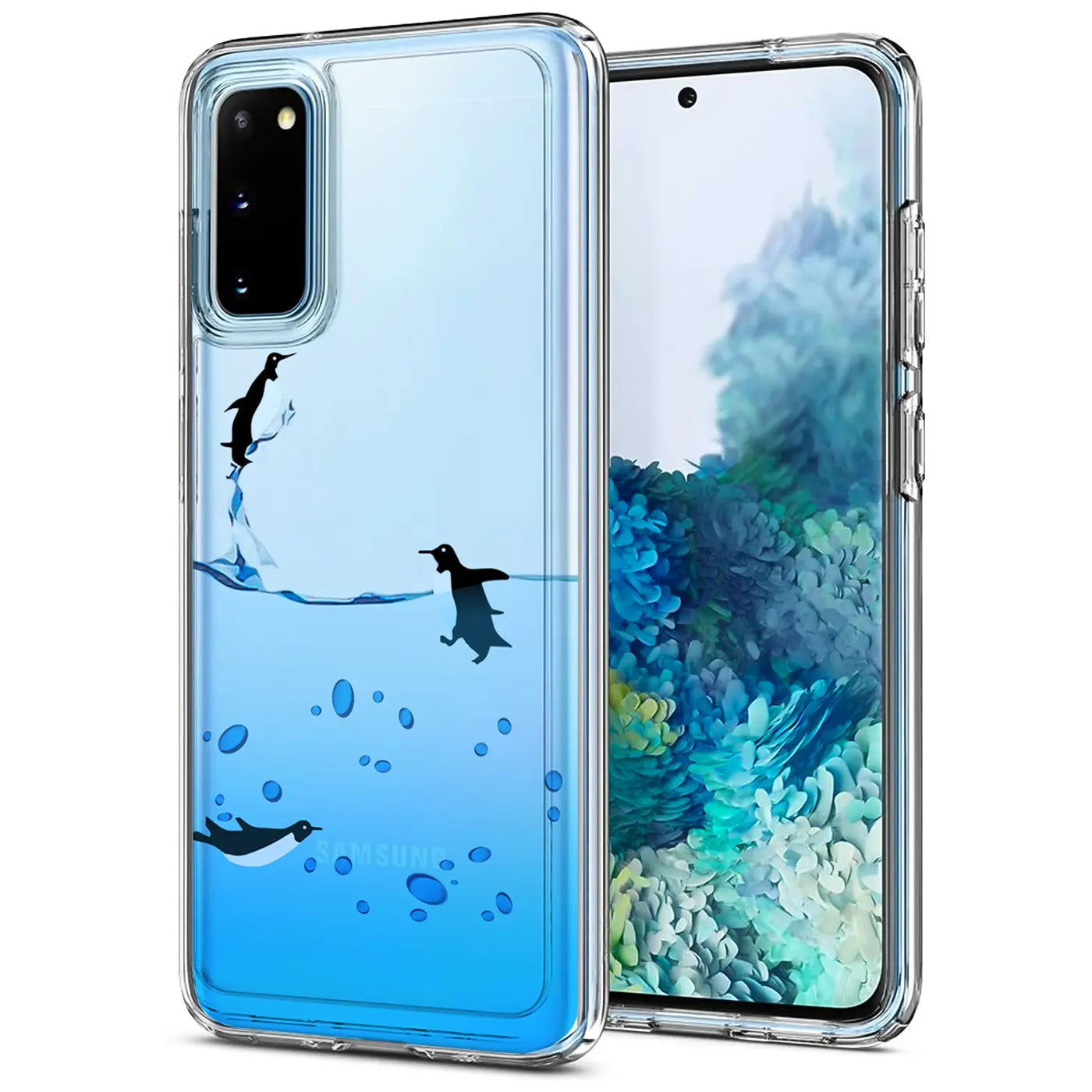 Transparente TPU-Hülle mit Pinguinmotiv auf Samsung Galaxy S20, von vorne, leicht schräg.
