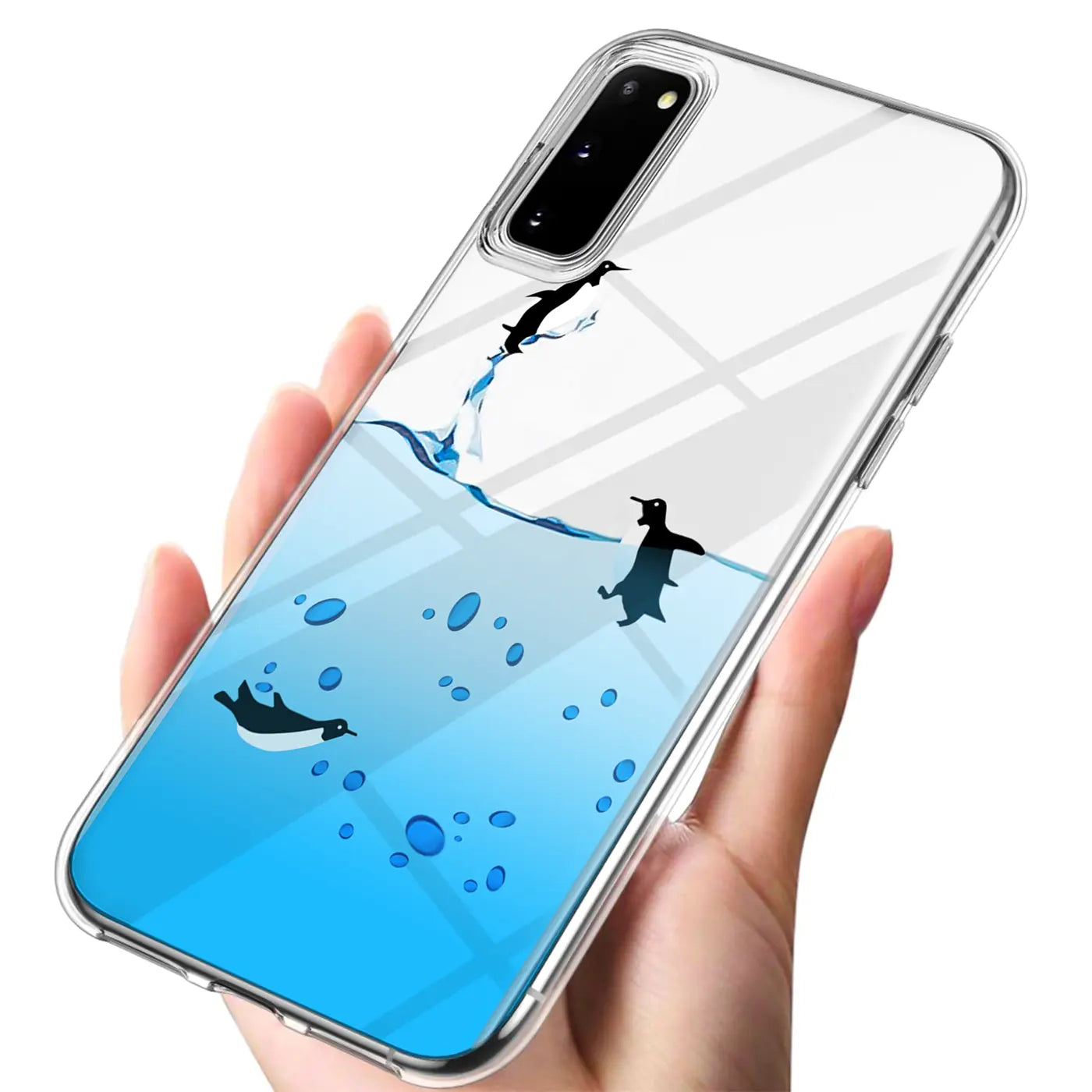 Transparente TPU-Hülle mit Pinguinmotiv auf Samsung Galaxy S20, von oben rechts gezeigt.