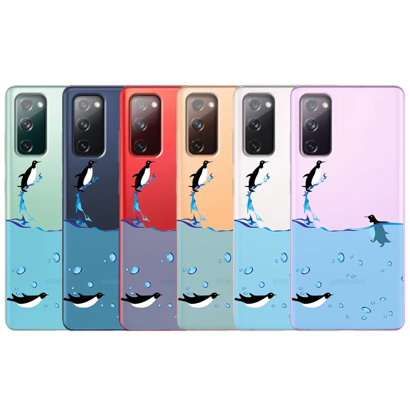 Fünf Samsung Galaxy S20 Hüllen aus TPU mit Pinguinmotiv in verschiedenen Farben, von vorne.