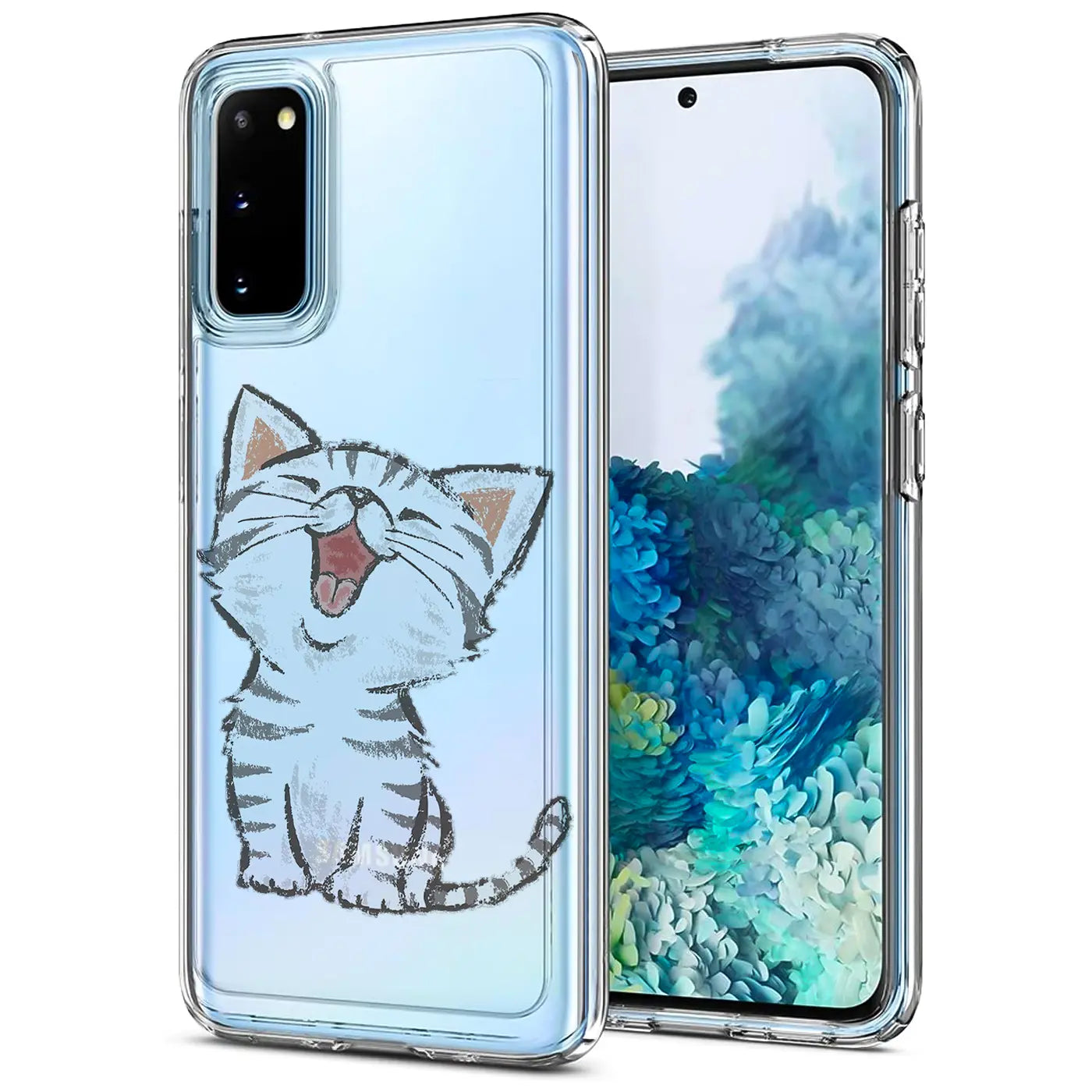 Samsung S20 mit transparenter TPU-Hülle, Motiv: lachende Katze, von vorne
