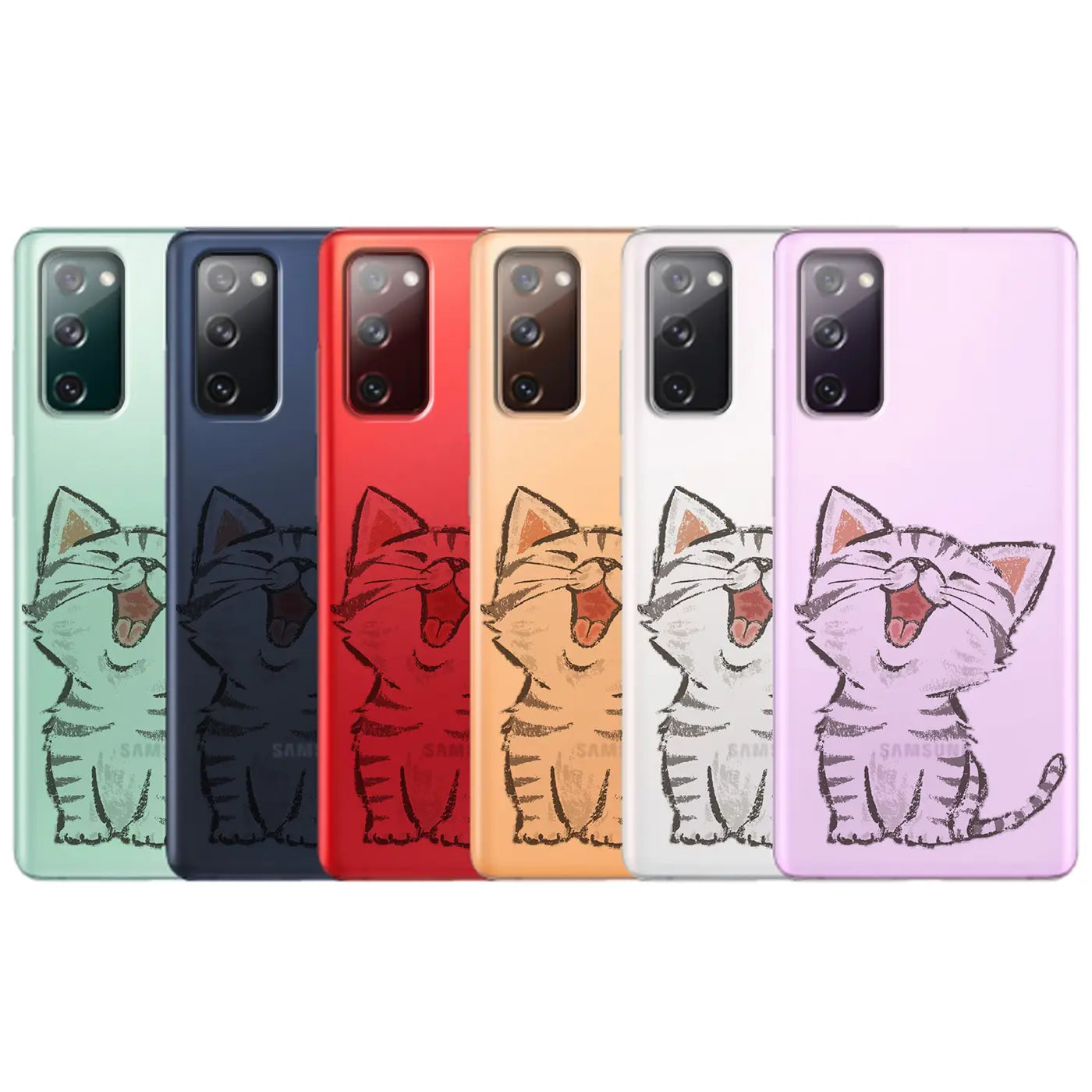 Fünf Samsung S20 Hüllen in Grün, Blau, Rot, Orange, Weiß, Lila mit Katzenmotiv.