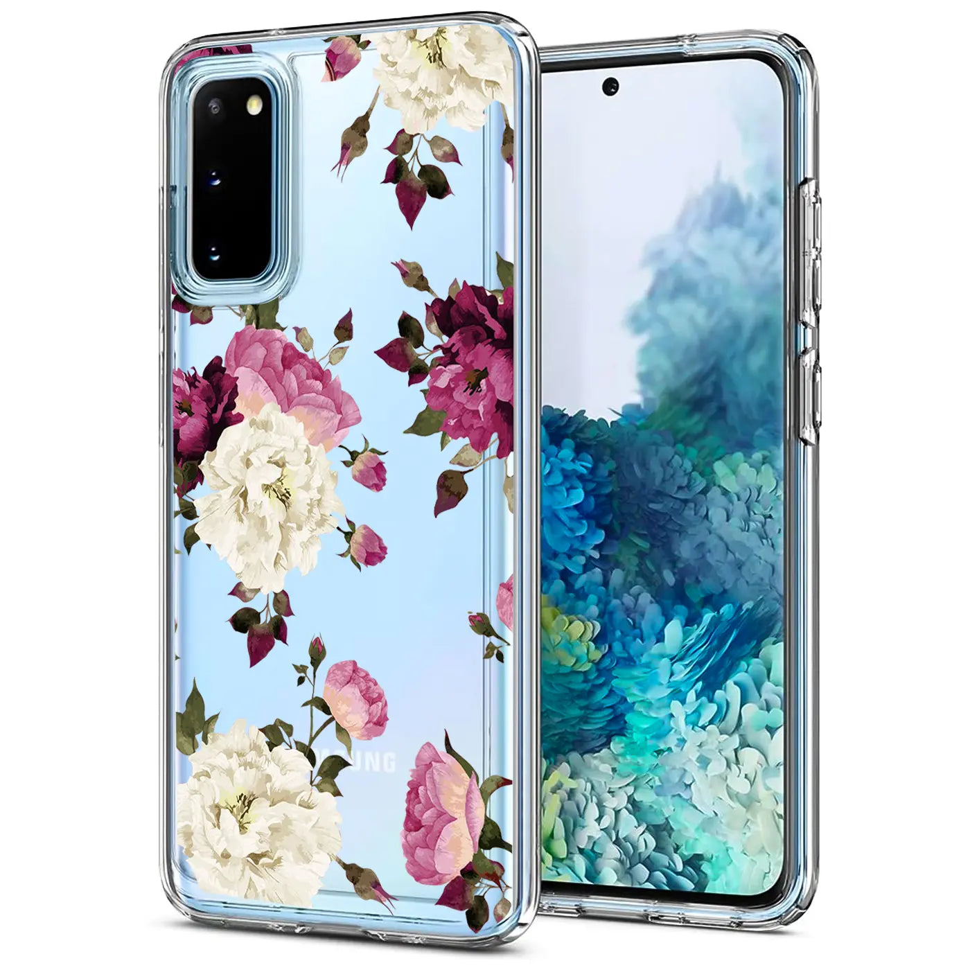 Samsung Galaxy S20 mit transparenter TPU-Hülle mit Blumenmuster, Vorderansicht