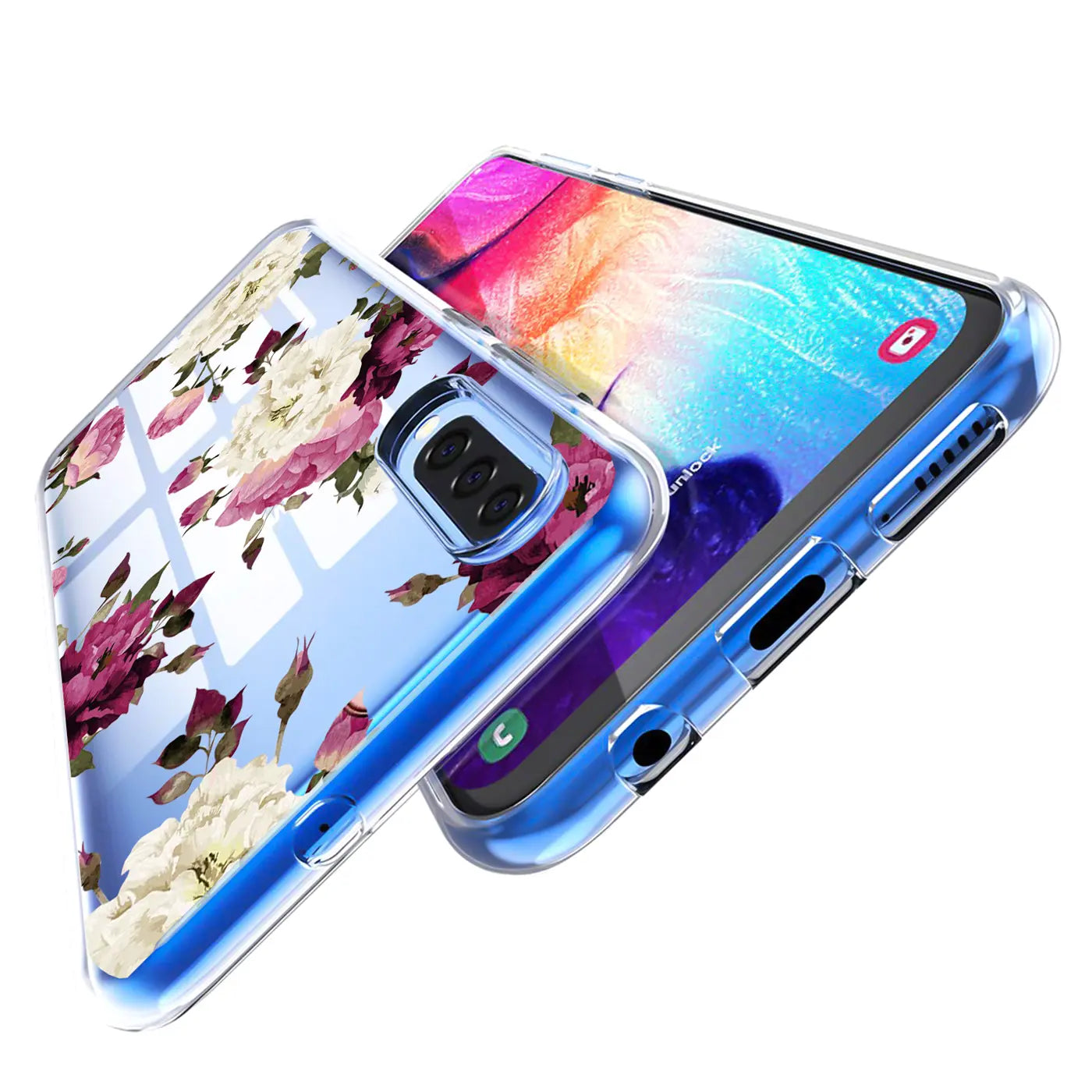 Transparente TPU-Hülle mit Blumenmotiv auf Samsung Galaxy S20, von schräg oben